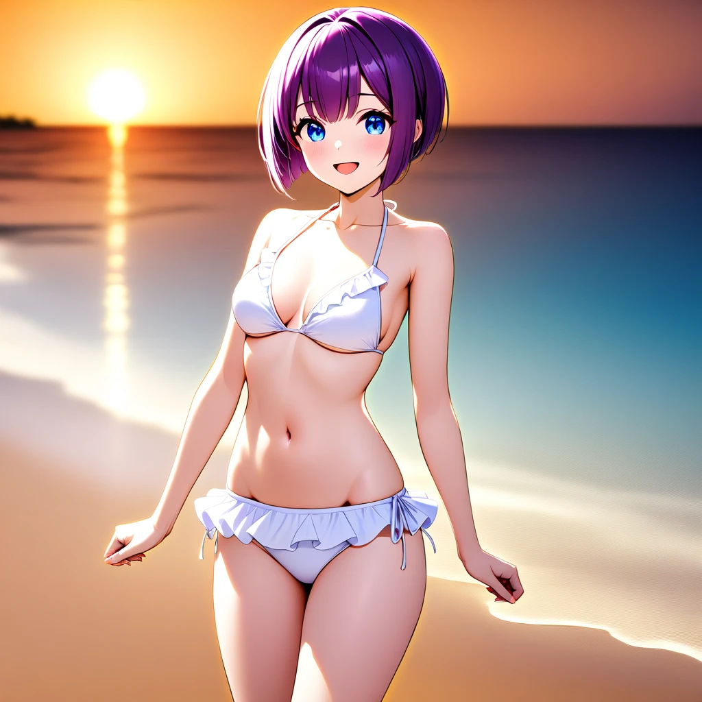 best light, Best Shadows, (Shining), quality, 1girl in, Solo, Purple medium hair, Hieda's Me,Aku Hiedano , Sea and sandy beach background, Yellow-green swimsuit,  Soft smile,red blush、Colossal tits