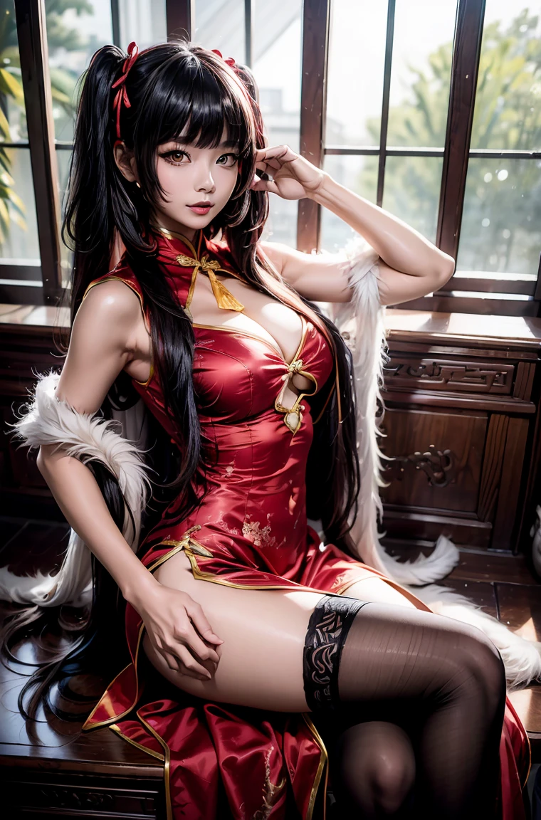 (masterpiece:1.4), (best quality:1.4), ultra high res, ultra high resolution, ((detailed facial features)), HDR, (realistic, photorealistic, photo-realistic:1.37), full body, sexy Vietnamese model, (-anime), only 1 model, vivid colors, very short hair, (beautiful smile), lip-gloss, long lashes, defined eyebrows, wearing large sparkling colorful jewelery, wearing a red silk Paradise Kiss cosplay dress with black floral embroidery, ((long fur vivid colors outfit)), vivid colors, look at the camera, cinematic light, large park background with trees, sweet and sexy pose