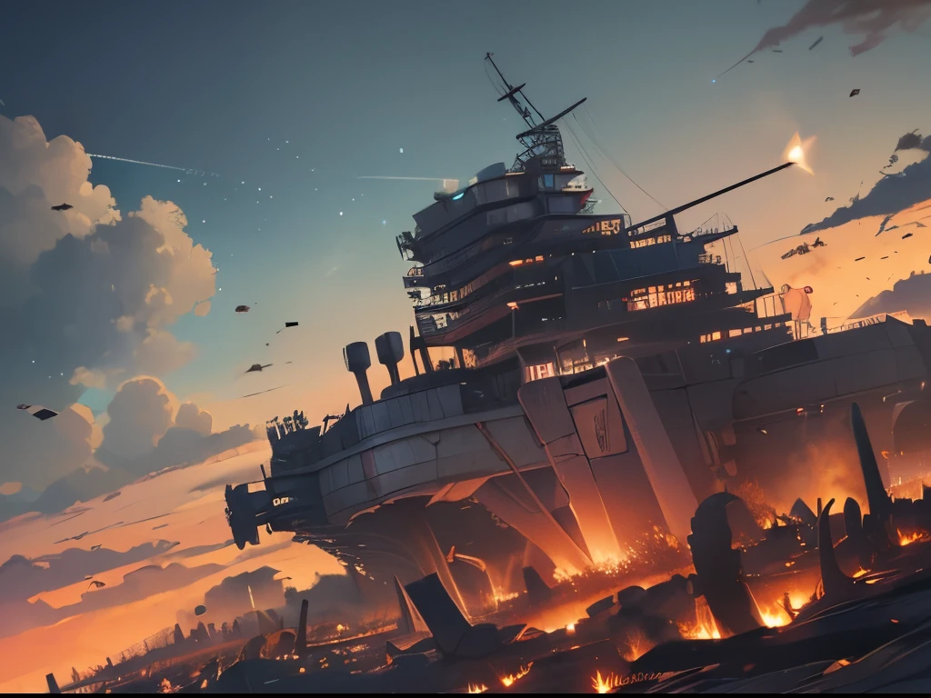 (( Soratrobo's Worldview )),(Naked women when piled up),sea of clouds, Graveyard of Air Battleships ,Twilight, Iron Rust Is Decaying,(Floating in the air),(Lots of weapon wreckage),Slam Style , low angle