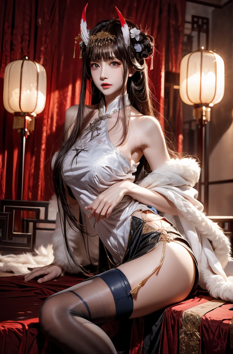 cheshire cosplay costume, cosplay, dress, chinese clothes, thighhighs, fur capelet, cat ears, hair ornament, red high heels, ((full body)), ((Shot from a random perspective)), ((sitting position)), ((in the classroom, Sit at the lectern)), (yushuxin,1girl,solo), clear face, pretty face, 8k, masterpiece, original photo, best quality, detail:1.2,lifelike, detail, Very detailed, CG, unified, wallpapers, depth of field, movie light, lens flare, Ray tracing, (extremely beautiful face, beautiful lips, beautiful eyes), intricate, detail的脸, ((ultra detailed skin)), 1 girl, in the darkness, deep shadow, beautiful korean girl, kpop idol,(Very slim figure:1.3), A plump chest, Large breasts, Slender sexy legs, Very nice legs, elegant posture, (bright smile), (City night, (neon lights), (night), beautiful korean girl, white diamond earrings, Diameter bracelet, Dia necklace, clear eyes, (big eyes)