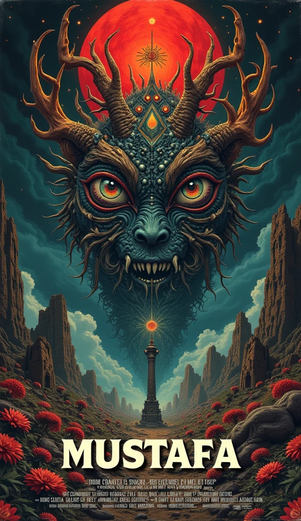a painting of a giant monster with a giant head and a giant eye, psytrance artwork, hyper detailed visionary art, dan mumford and alex grey style, hyper - detailed visionary art, highly detailed visionary art, shamanic dmt horror art, visionary art style, symmetrical epic fantasy art, dan mumford and peter mohrbacher, psychedelic surreal art, psychedelic trippy visionary art