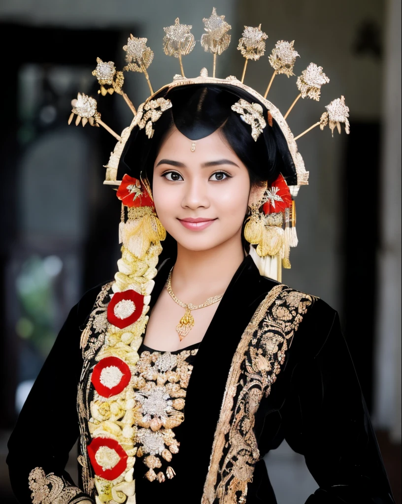 A real photo of a young woman from Indonesia, wearing a black hijab and traditional Javanese Indonesian clothing with a joglo house background, photo quality facing forward with a happy expression ((masterpiece, best quality, ))