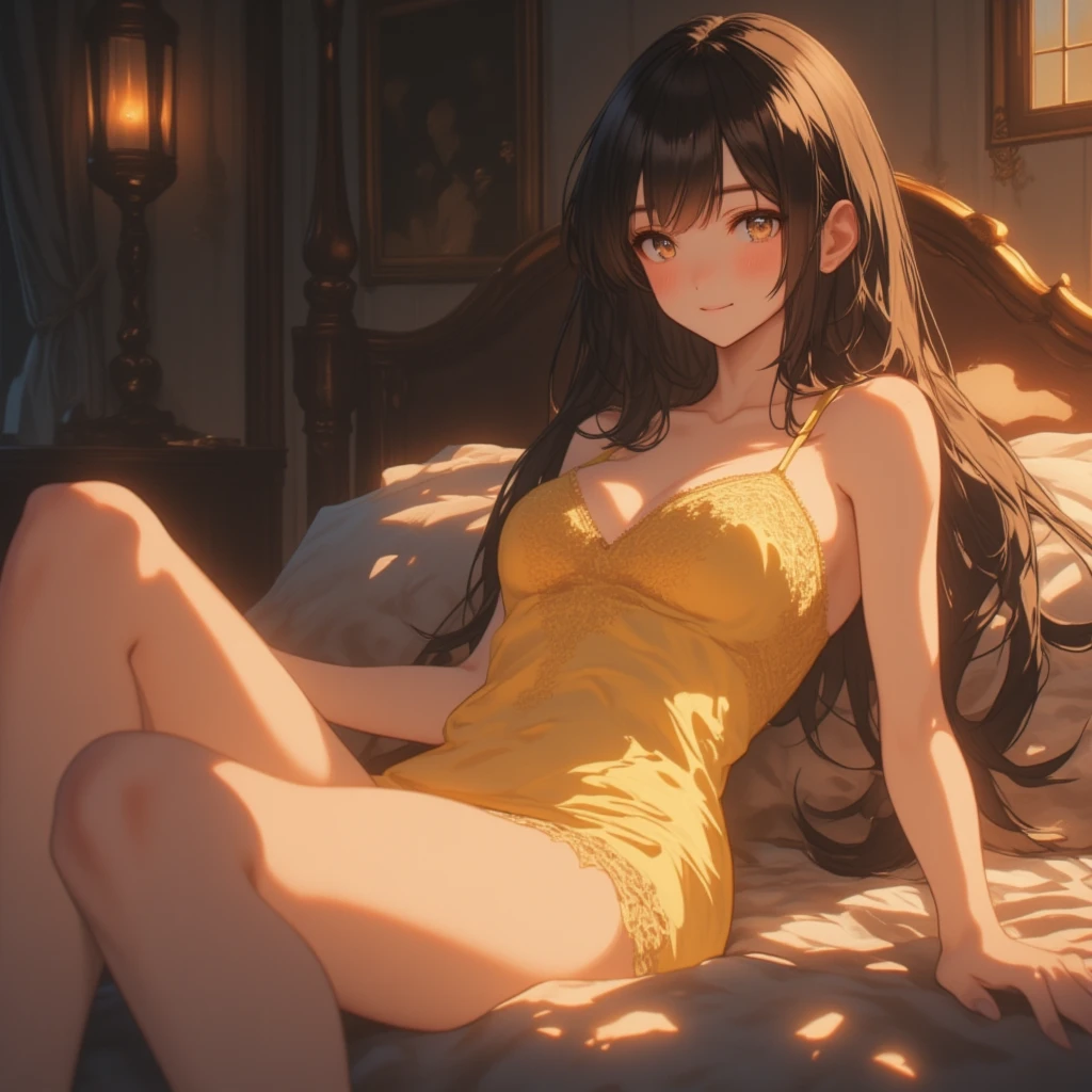 ((highest quality)), ((masterpiece)), (detailed), One girl, Yellow Bra,Sexy pose, string panties,Bedroom at home,Removing the bra hook