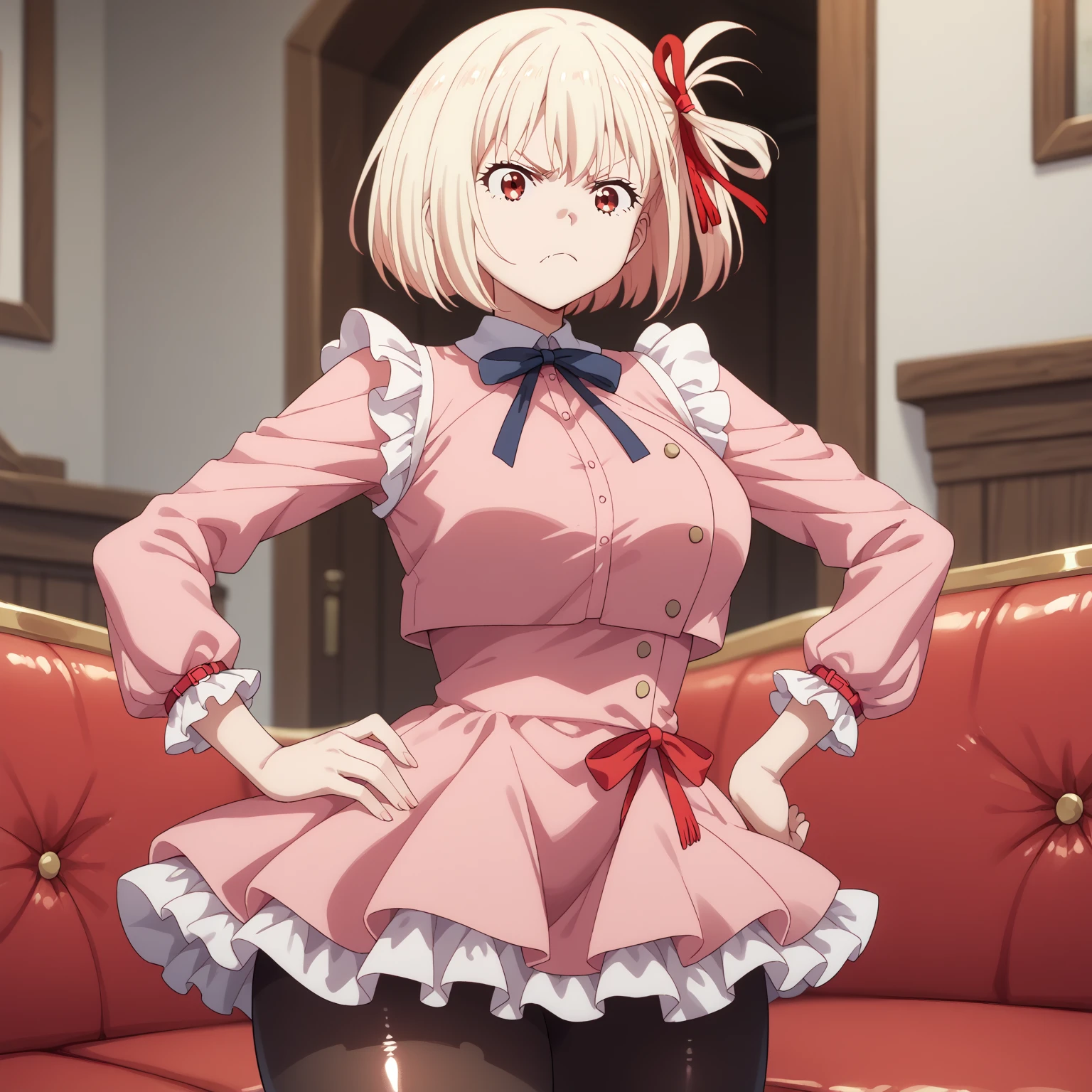 masterpiece, highest quality, 1 person,( Large Breasts, Are standing, View Audience),Detailed Background、A person who writes in detail、Accurate human body、Knowledgeable person、Five correct answerature Woman,Thick thighs,cruvy body,solo,chisato nishikigi, blonde hair, red eyes, short hair,hair ribbon, lycoris uniform, long sleeves, two-tone dress, pleated dress, collared shirt, kneehighs,slave collar,((pussy cum)),((Wrists above head)),Spread your legs in an M shape,Squat
