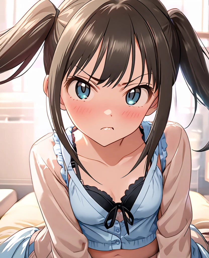 Hands Behind Back,Tied with hands behind back,from front,front view,looking at viewer, looking ahead,from above,cowboy shot,1girl,Beautiful 11 year old girl,Japanese,Slender,,low length,Small breasts,Thin legs,Small Ass,Baby Face,Small face,Black Hair,Row Twin Tails,Short Twin Tails,Gray Eyes,puffy eyes,middle School girls,A see-through black and yellow negligee,Sexy Lingerie,open mouth,tongue out,front face,Kneeling,Straight Stand,Beautiful and detailed anime art,Anxious expression,Sexy vibe,cum on tongue,Dimly lit room,On the bed,Simple Background,Gray background,Low lighting,