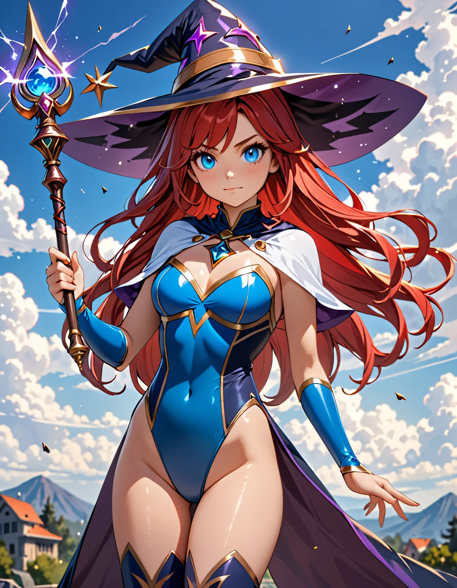 8k, masterpiece, best quality, realistic, higly detailed, cowboy shot, 1girl, solo, miku, emotionless looking girl, medium-length red hair, strands of hair hanging over the right side of her face, a set of wireless headphones that have a triangle-shaped logo on the ear cups around her neck, dark blue eyes, average height, well-endowed figure, large breasts, bangs cover her right eye, Dark Magician