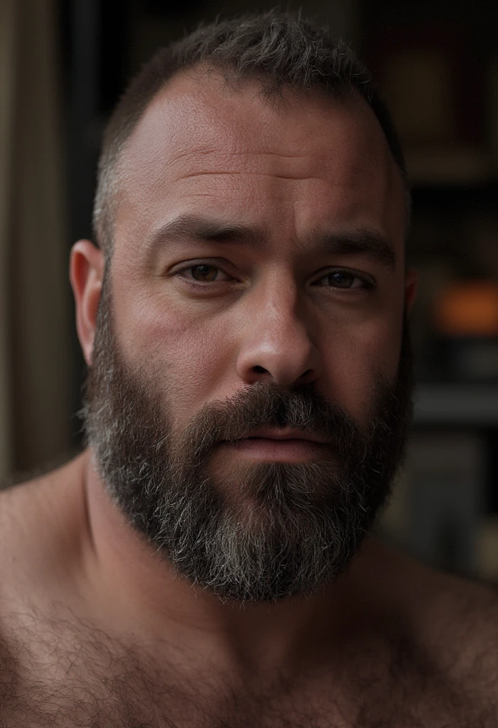 masterpiece, DSLR photo, analog style, nikon d5, real photo, a photo of a man with a graying beard, dramatic lighting (85mm), (detailed facial features), (detailed shiny eyes), dynamic angle, jeremy mann, Ilya Kuvshinov style, naked, lying on the bed in a casual way, lying on his stomach, with a big focus on the butt, he looking at the camera