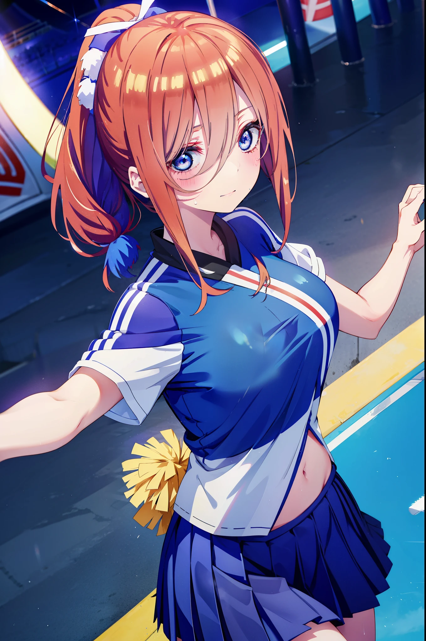 Miku Nakano, Nakano Future, long hair, bangs, blue eyes, tea hair, shirt, hair between eyes,smile,blush, mouths,Big Breasts, ponytail, Lower, ( sweaty), sweaty Wet Clothes, (blue clothes ), blue mini pleated skirt,White socks, sneakers , belly button cheering , playground, ( jump), ( jump), 両足を曲げて jumpする, air, blue sky, Compa, smileチアリーダー,(Pompoms on both hands:1.3), cheerleading ,crowd,whole bodyがイラストに入るように,
break indoors, stadium,
break looking at viewer, whole body,
break (masterpiece:1.2), best quality , kampala,unity 8k wallpaper,(shape:0.8),( fine, beautiful eyes :1.6),It's a person ,whole body写真,CG Details , (perfect hand, complete anatomy),