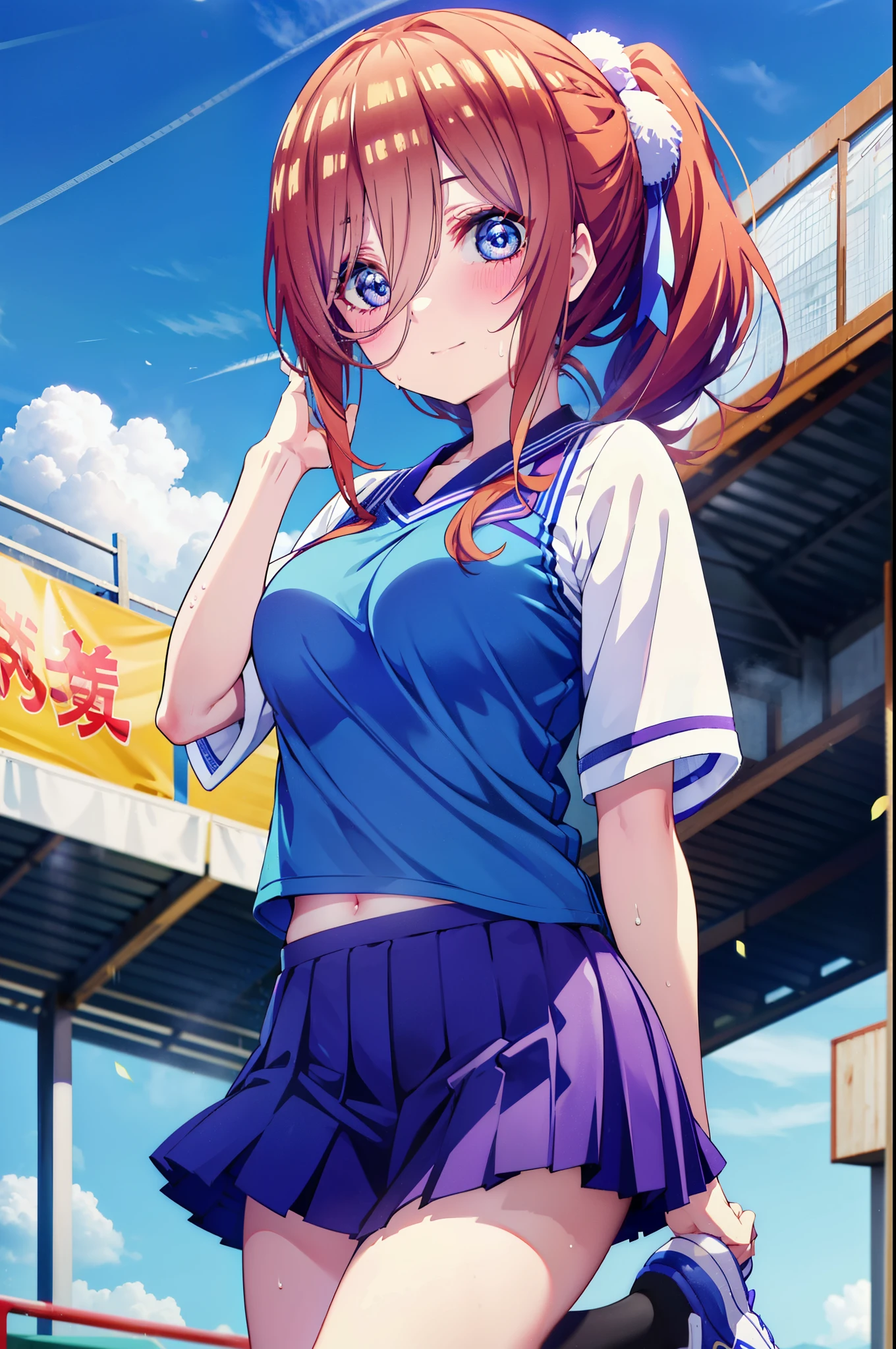Miku Nakano, Nakano Future, long hair, bangs, blue eyes, tea hair, shirt, hair between eyes,smile,blush, mouths,Big Breasts, ponytail, Lower, ( sweaty), sweaty Wet Clothes, (blue clothes ), blue mini pleated skirt,White socks, sneakers , belly button cheering , playground, ( jump), ( jump), 両足を曲げて jumpする, air, blue sky, Compa, smileチアリーダー,(Pompoms on both hands:1.3), cheerleading ,crowd,whole bodyがイラストに入るように,
break indoors, stadium,
break looking at viewer, whole body,
break (masterpiece:1.2), best quality , kampala,unity 8k wallpaper,(shape:0.8),( fine, beautiful eyes :1.6),It's a person ,whole body写真,CG Details , (perfect hand, complete anatomy),