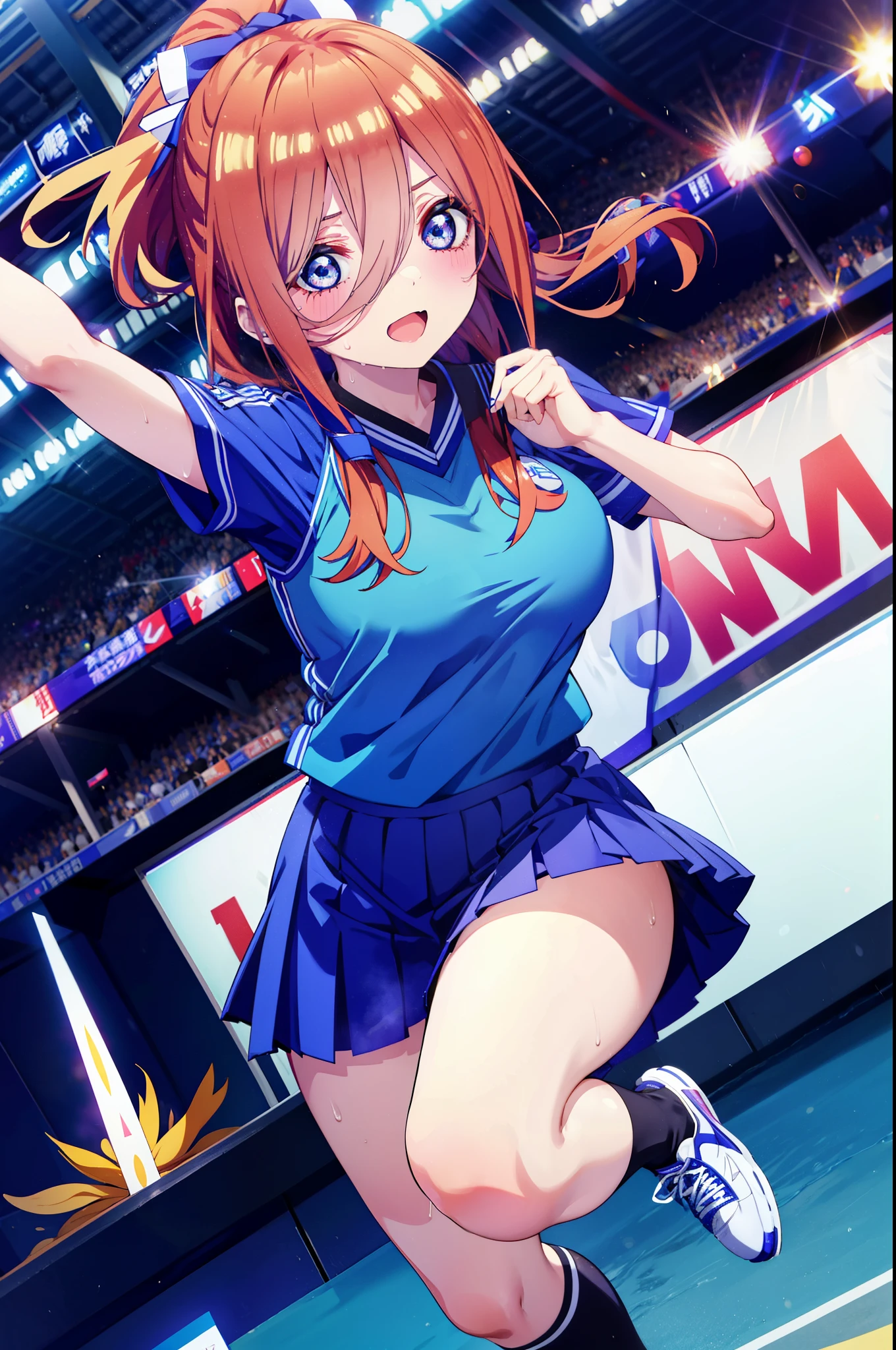 Miku Nakano, Nakano Future,  long hair, bangs, blue eyes,  tea hair,  shirt,  hair between eyes,smile,blush, mouths,Big Breasts, ponytail, Lower, ( sweaty),  sweaty Wet Clothes, (blue clothes ), blue mini pleated skirt,White socks, sneakers , belly button cheering , playground, ( jump), ( jump), 両足を曲げて jumpする, air, blue sky,  Compa, smileチアリーダー,(Pompoms on both hands:1.3), cheerleading ,crowd,whole bodyがイラストに入るように,
break indoors, stadium,
break looking at viewer, whole body,
break (masterpiece:1.2), best quality  , kampala,unity 8k wallpaper,(shape:0.8),(  fine, beautiful eyes  :1.6),It's a person ,whole body写真,CG Details , (perfect hand, complete anatomy),