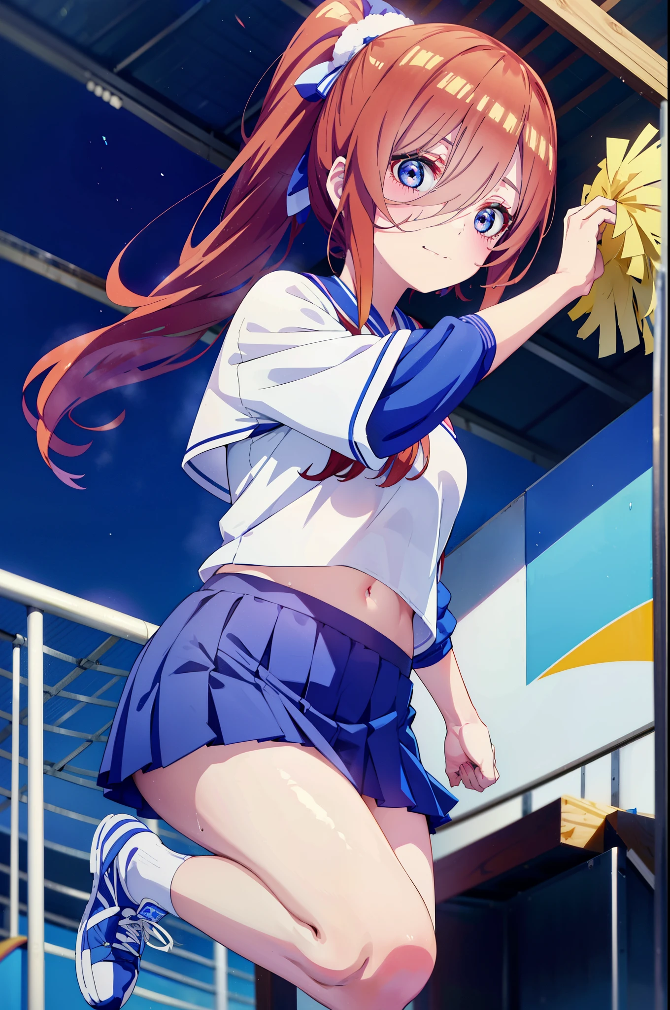 Miku Nakano, Nakano Future, long hair, bangs, blue eyes, tea hair, shirt, hair between eyes,smile,blush, mouths,Big Breasts, ponytail, Lower, ( sweaty), sweaty Wet Clothes, (blue clothes ), blue mini pleated skirt,White socks, sneakers , belly button cheering , playground, ( jump), ( jump), 両足を曲げて jumpする, air, blue sky, Compa, smileチアリーダー,(Pompoms on both hands:1.3), cheerleading ,crowd,whole bodyがイラストに入るように,
break indoors, stadium,
break looking at viewer, whole body,
break (masterpiece:1.2), best quality , kampala,unity 8k wallpaper,(shape:0.8),( fine, beautiful eyes :1.6),It's a person ,whole body写真,CG Details , (perfect hand, complete anatomy),