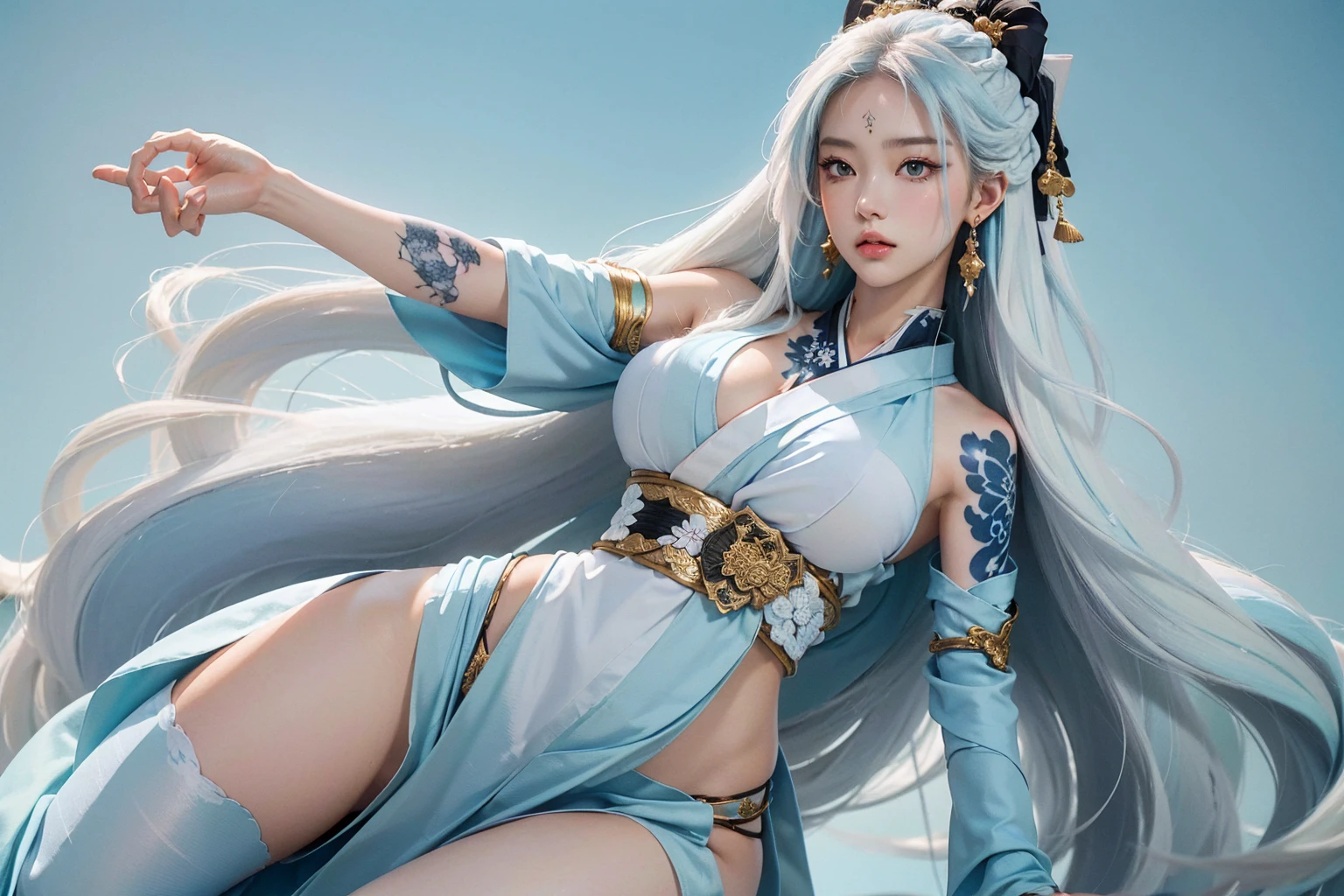 (masterpiece, best quality),  intricate details, 8k, artstation, wallpaper, official art, splash art, sharp focus,
1girl,  Nakiri Ayame, long hair, braids, white hair, 
 liquid clothes, water, blue dress,