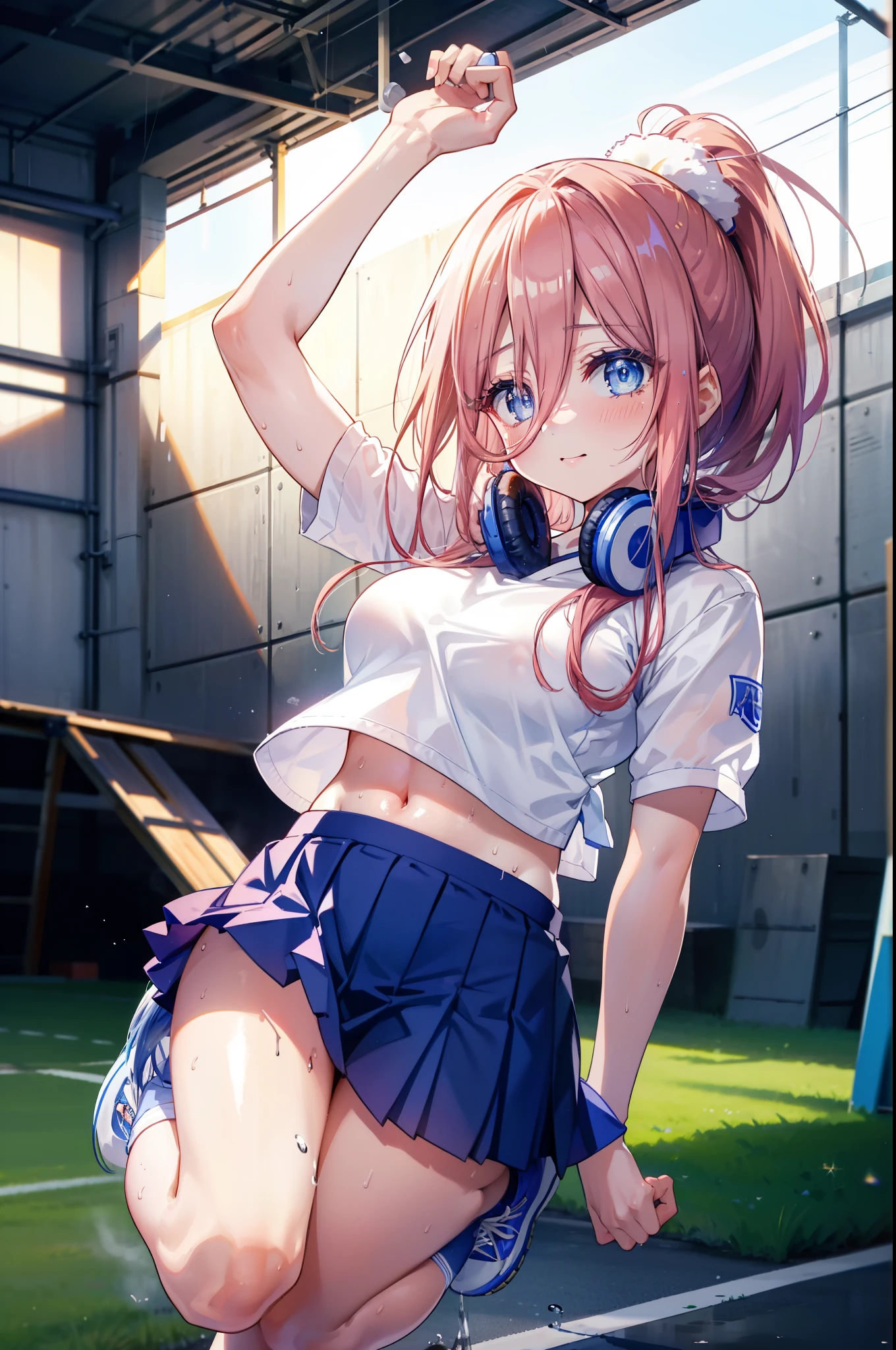 Miku Nakano, Nakano Future, long hair, bangs, blue eyes, tea hair, shirt, hair between eyes,smile,blush, mouths,Big Breasts, ponytail, Lower, ( sweaty), sweaty Wet Clothes, (blue clothes ), blue mini pleated skirt,White socks, sneakers , belly button cheering , playground, ( jump), ( jump), 両足を曲げて jumpする, air, blue sky, Compa, smileチアリーダー,(Pompoms on both hands:1.3), cheerleading ,crowd,whole bodyがイラストに入るように,
break indoors, stadium,
break looking at viewer, whole body,
break (masterpiece:1.2), best quality , kampala,unity 8k wallpaper,(shape:0.8),( fine, beautiful eyes :1.6),It's a person ,whole body写真,CG Details , (perfect hand, complete anatomy),