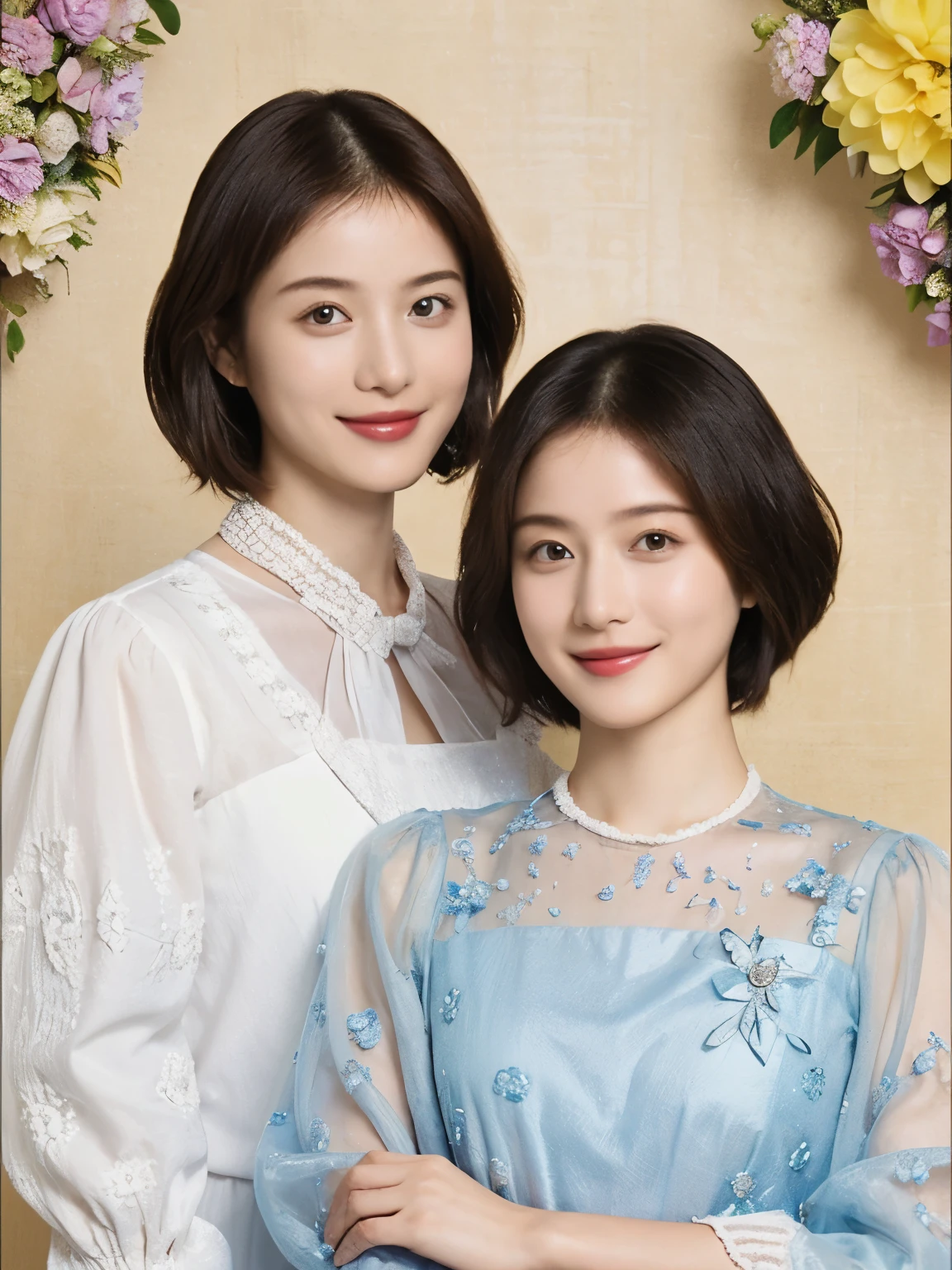 351 ( Twenty Year Old Princess and 20 Year Old Prince),( short hair while on a business trip), ( HD), (smile), ( fancy mesh costume), (flower), (Leonardo da Vinci Background )