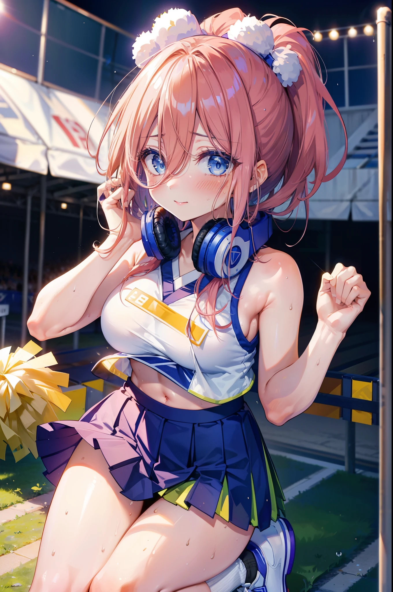 Miku Nakano, Nakano Future, long hair, bangs, blue eyes, tea hair, shirt, hair between eyes,smile,blush, mouths,Big Breasts, ponytail, Lower, ( sweaty), sweaty Wet Clothes, sleeveless,(blue clothes ), blue mini pleated skirt,White socks, sneakers , belly button cheering , playground, ( jump), ( jump), 両足を曲げて jumpする, air, blue sky, Compa, smileチアリーダー,(Pompoms on both hands:1.3), cheerleading ,crowd,whole bodyがイラストに入るように,
break outdoors, stadium,
break looking at viewer, whole body,
break (masterpiece:1.2), best quality , kampala,unity 8k wallpaper,(shape:0.8),( fine, beautiful eyes :1.6),It's a person ,whole body写真,CG Details , (perfect hand, complete anatomy),