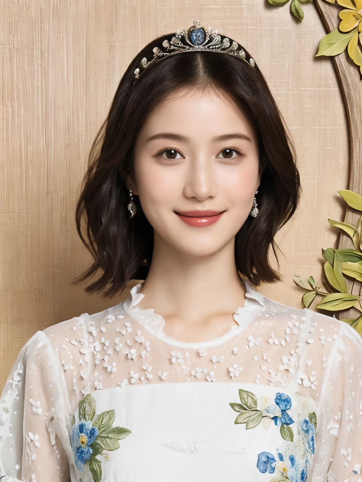 351 ( Twenty Year Old Princess and 20 Year Old Prince),( short hair while on a business trip), ( HD), (smile), ( fancy mesh costume), (flower), (Leonardo da Vinci Background )