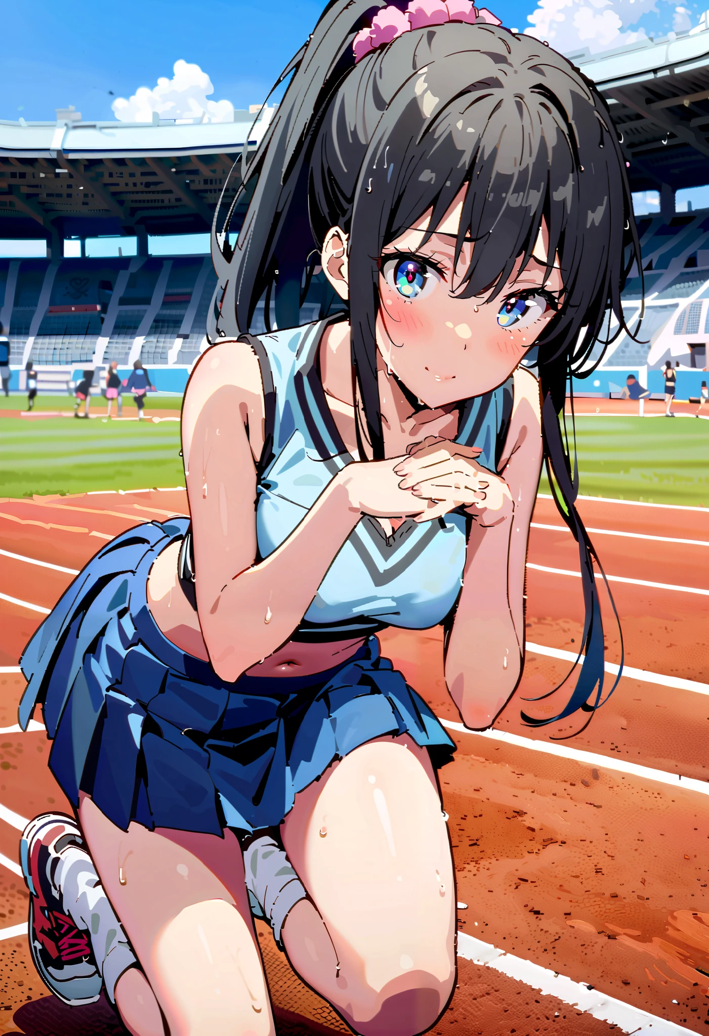  score_9,  score_8_ up,  score_7_ up,  source_Anime,
Yukinoshita Yukino, Yukinoshita Yukino,  black hair, blue eyes,  long hair, stupid hair,smile,blush, mouths, ponytail, Lower, ( sweaty),  sweaty Wet Clothes,  sleeveless,(blue clothes ), blue mini pleated skirt,White socks, sneakers , belly button cheering , playground, ( jump), ( jump), 両足を曲げて jumpする, air, blue sky,  Compa, smileチアリーダー,(Pompoms on both hands:1.3), cheerleading ,crowd,whole bodyがイラストに入るように,
break outdoors, stadium,
break looking at viewer, whole body,
break (masterpiece:1.2), best quality  , kampala,unity 8k wallpaper,(shape:0.8),(  fine, beautiful eyes  :1.6),It's a person ,whole body写真,CG Details , (perfect hand, complete anatomy),