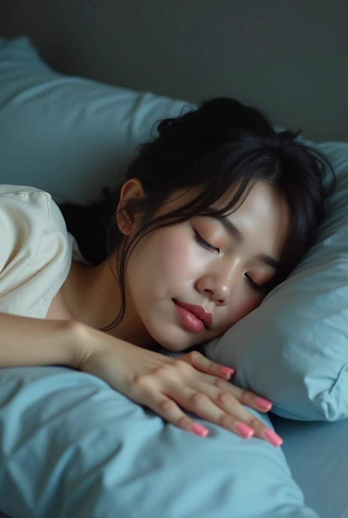 A korean girl with cum on her face sleeping on bed 