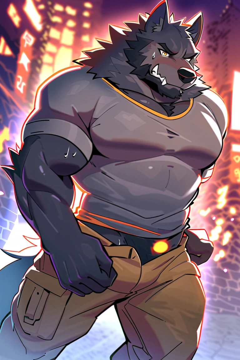 Strong man，Race cattle，Black fur，The horns grow forward，Naked，Wearing sports shorts。Using equipment in the gym with head tilted，I found you peeking at him.，He smiled slightly