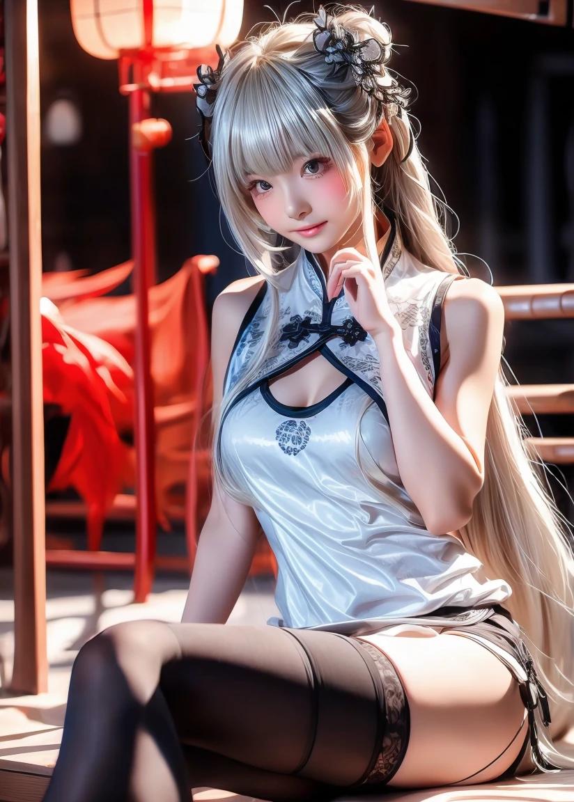 (tmasterpiece:1.4),(Perfect body proportions:1.1),Red openwork cheongsam,Long white hair,Kneeling position,Pout your ass,back stance,Ass pouted,Ass pouted,Legs open,legs are open,Open your legs,back stance,back stance,