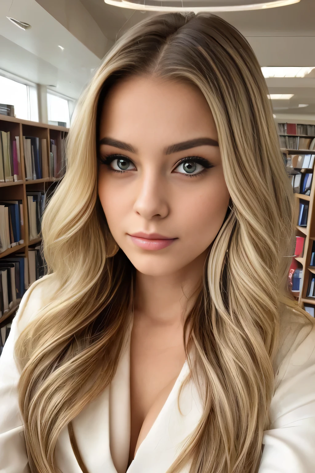 ( Taken with waist up  )((French white girl )) ,  best quality  ,Masterpiece,  high resolution,  high detail,   high resolutionモデル  ( She looks at me and takes random poses )(perfection, Extremely Intelligent Face )( expression that gives an intellectual impression )(  Her bangs are neatly aligned and straight )(( what is her hairstyle、 ridiculously long , Abnormally long, perfection wavy hair of one length that extends to her ankles))((  very beautiful blond hair  ))( big breasted )(  star shaped earrings  )(  Many characteristics of white France can be seen on her face )(Heavy makeup)(  happy/joy)(I enjoy shopping in the shopping district)(Taken with waist up  )(  she's 18)((She has the face of a perfection 3rd  リシェンヌ))( Common uniform worn by French Richenne )( I'm taking pictures in the school library )