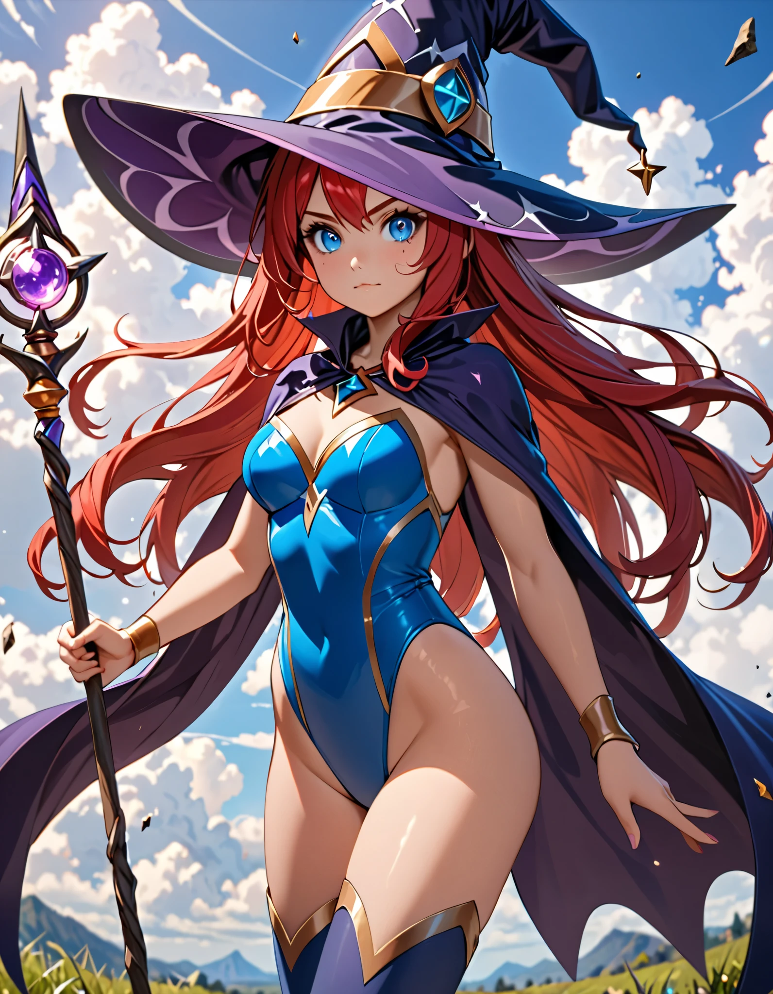 1girl, high school student, superhero, holding wand, superhero sorceress witch, sky witch, leotard, blue leotard with white accents, bare legs, blue thigh-highs, red high heels, witch hat, red hair, long hair, blue eyes, beautiful detailed eyes, beautiful detailed face, cute face, medium breasts, age 16-18, solo, solo focus, wonder