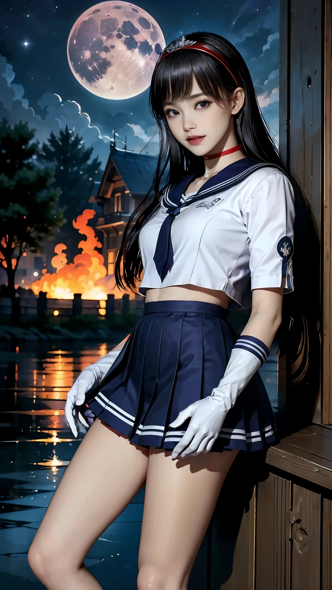  1 girl, long hair, ( High Quality ,8k, black hair,  realistic, 最 High Quality , Purple dyed hair,  purple hair, luMasterpiece, very detailed,   disorganized )1.5,((Summer 1,  tiara ,  sailor warrior uniform , white gloves,  red sailor color,  red skirt)), night city,white gloves,Purple ribbon, purple eyes,Masterpiece,最 High Quality , high resolution,Same 1, tiara ,  sailor warrior uniform,white gloves, red sailor color, red skirt, star choker,  elbow gloves  , pleated skirt,Bare legs,Purple ribbon,space,moon, cowboy shooting,smile,Flame Bow, 