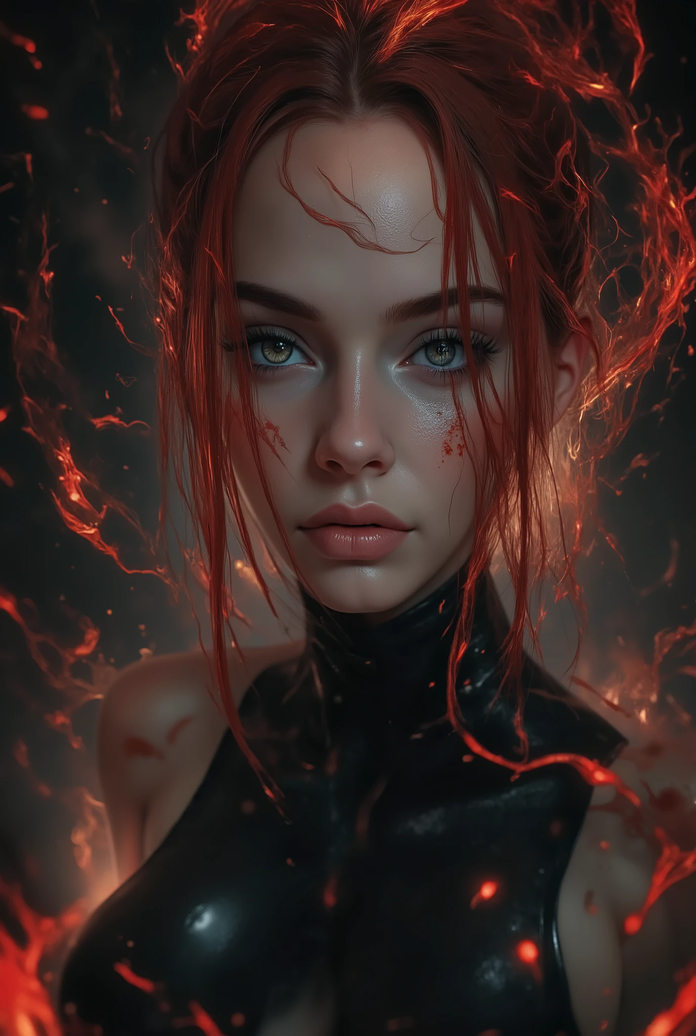 Create an image of a character with large, black shoulder-length red hair and slightly masculine light gray eyes , makima
