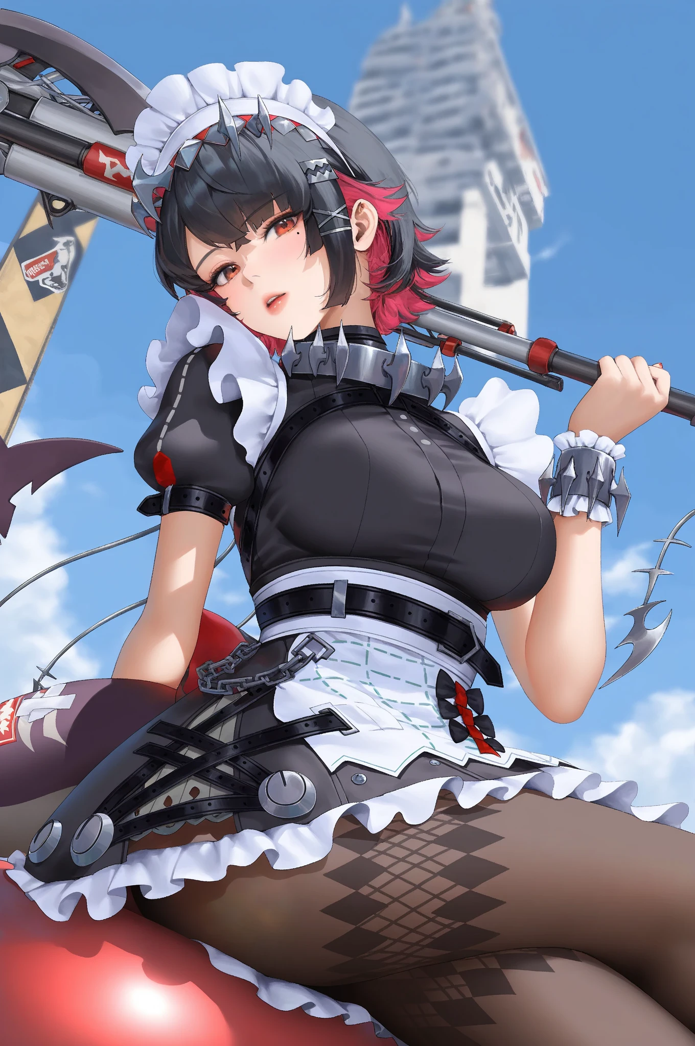 (((masterpiece,Highest Resolution,4K High Resolution,Crisp image quality:1.3)Pussy juice(Detailed Hair,garter belt,One Girl(Large Breasts)Alternative costumes ,Maid, Shark Tail, Wrist cuff, Maidheaddress, Red eyes ,Two-tone hair with red on the inside,(A man thrusts his penis into her pussy violently)high school student,Vaginal cross section