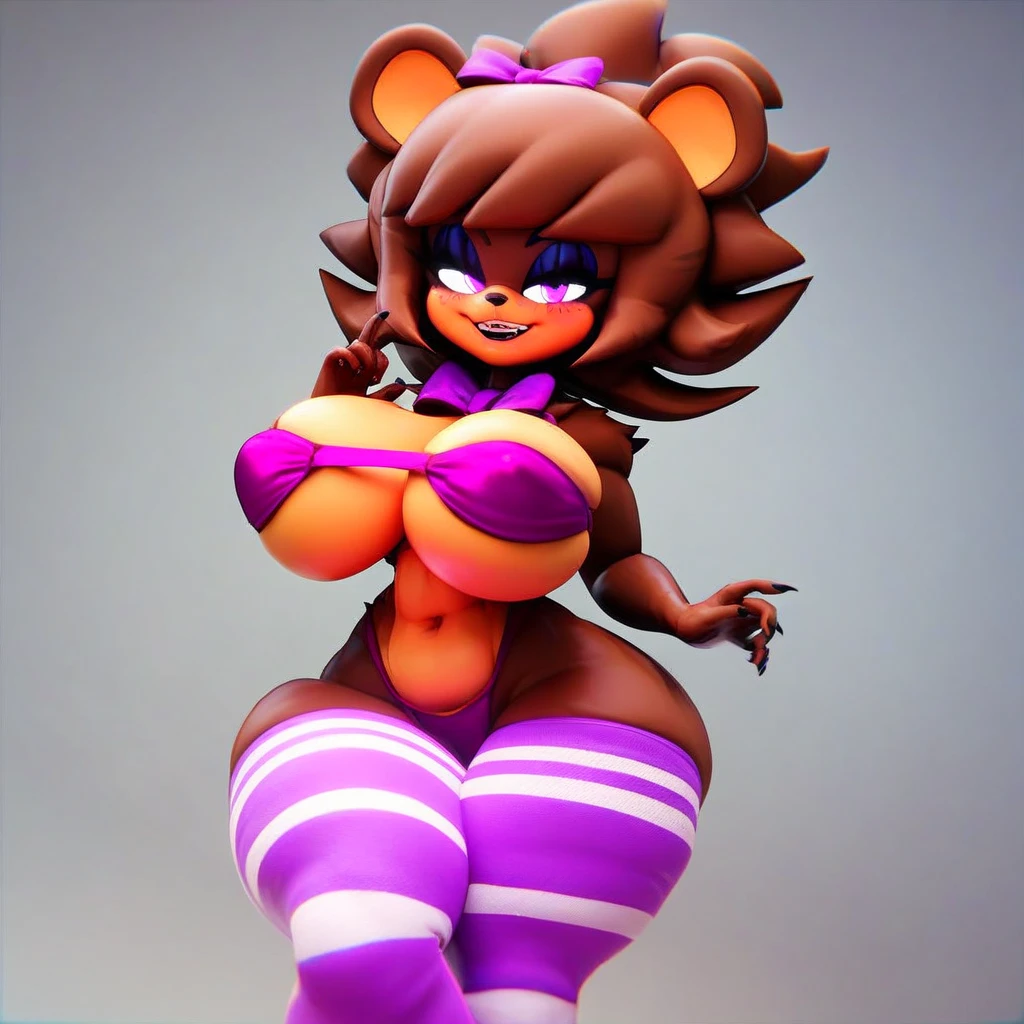 best quality:1.1, (bonfie), 1girl, solo girl, 1bunny girl, thick body, small breasts, pink eyeright, highlighted pink eyes), her eyes are the same color, blush, embarrassed face, detailed face, dress, nice body proportions, arms relaxed at your sides, school uniform with tie, red tie, anime style, student, purple skin, very detailed face, ((furry nose, rabbit nose)), thick big legs and wide hips, full body, close on body, chubby, rabbit teeth, rabbit ears, joints, above view, best quality