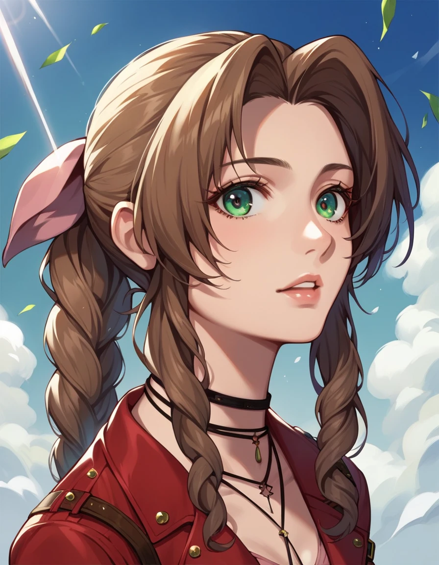 ((ultra detailed, masterpiece, Best Quality))
 FF7Aerith, 1 girl, Alone, simple braid, blue eyes, by rubio, 