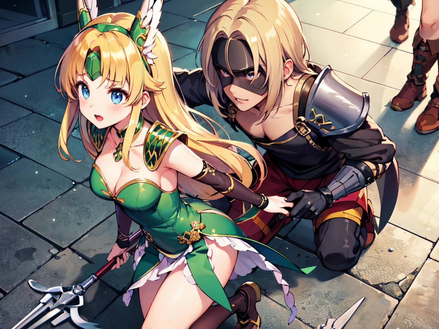 ((Masterpiece)) ((Best quality)) Two people, from above, brick underpass, girl and ninja, masked ninja, ninja attacking girl from behind, old man and girl, Ninja catches a woman from behind, see-through The Scene (Armor,Bare Arms, Bare Legs) {One Girl, Another Look, long blonde hair, blue eyes, forehead jewel, green dress, mini bubble skirt, armor, cleavage cutout, iron hairband wings, shoulder armor,, hold trident, a spear lying on the floor