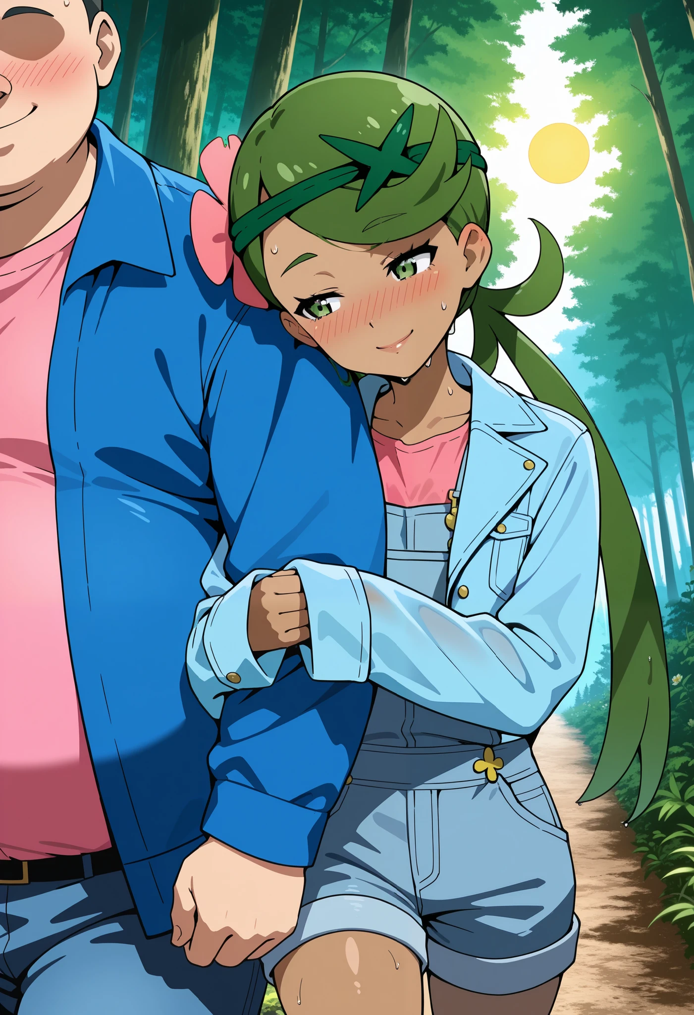 score_9, score_8_up, score_7_up, source_anime, mallow, 1girl, solo, long hair, bangs, hair ornament, twintails, green eyes, half-closed eyes, flower, green hair, hair flower, dark skin, dark-skinned female, swept bangs, mallow (pokemon), smile, parted lips, looking away,  head tilt, nose blush, blush, pink shirt, denim overall, blue jacket (oversized jacket, sleeves over hands),wet clothes,  thighs, outdoor, forest, sun, bright lighting, wet hair, wet skin,  walking,    hug boy's arm,  against  boy's body,  head on boy's shoulder, 1girl, 
1boy (fat man, faceless, walking from girl's side,  arm pov), size difference, larger male.  Dutch angle. 
