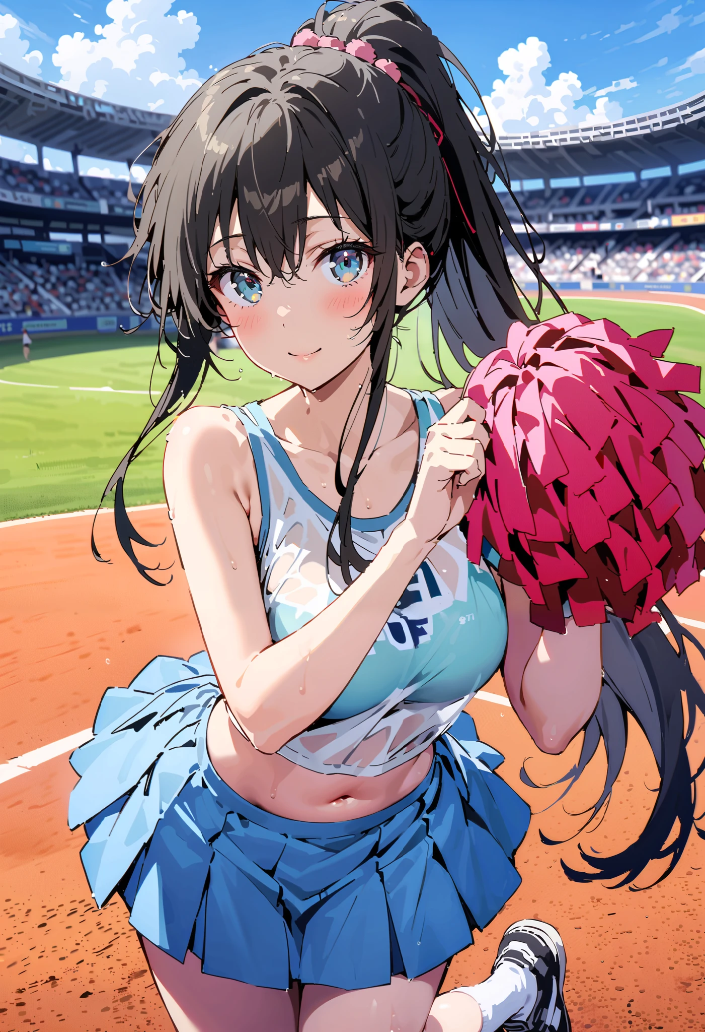 score_9, score_8_ up, score_7_ up, source_Anime,
Yukinoshita Yukino, Yukinoshita Yukino, black hair, blue eyes, long hair, stupid hair,smile,blush, mouths, ponytail, Lower, ( sweaty), sweaty Wet Clothes, sleeveless,(blue clothes ), blue mini pleated skirt,White socks, sneakers , belly button cheering , playground, ( jump), ( jump), 両足を曲げて jumpする, air, blue sky, Compa, smileチアリーダー,(Pompoms on both hands:1.3), cheerleading ,crowd,whole bodyがイラストに入るように,
break outdoors, stadium,
break looking at viewer, whole body,
break (masterpiece:1.2), best quality , kampala,unity 8k wallpaper,(shape:0.8),( fine, beautiful eyes :1.6),It's a person ,whole body写真,CG Details , (perfect hand, complete anatomy),