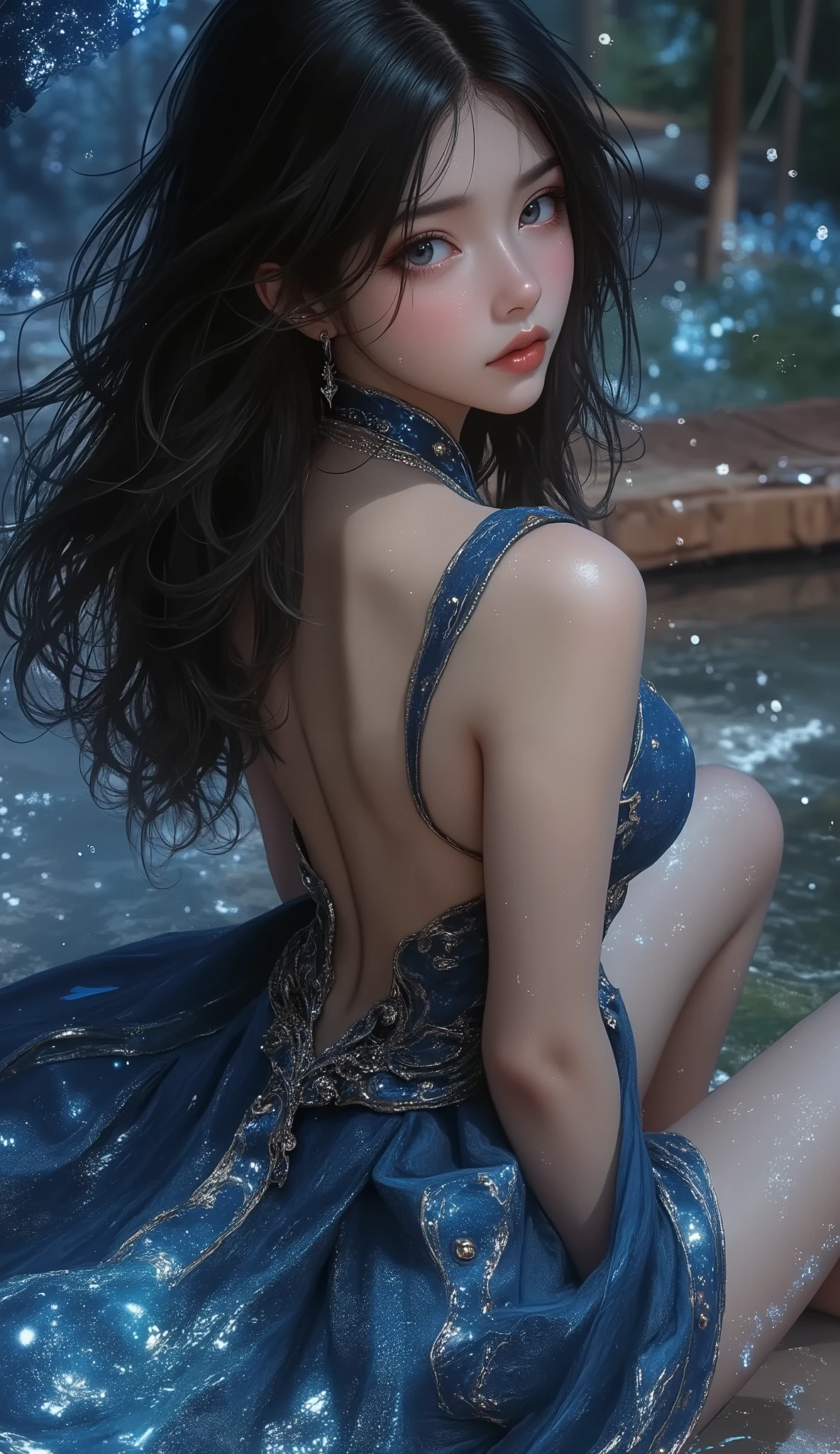 Masterpiece, best quality , 1 girl, black hair, shoulder out, long hair, dress, Denim Shot, Dynamic Poses, dynamic angle,