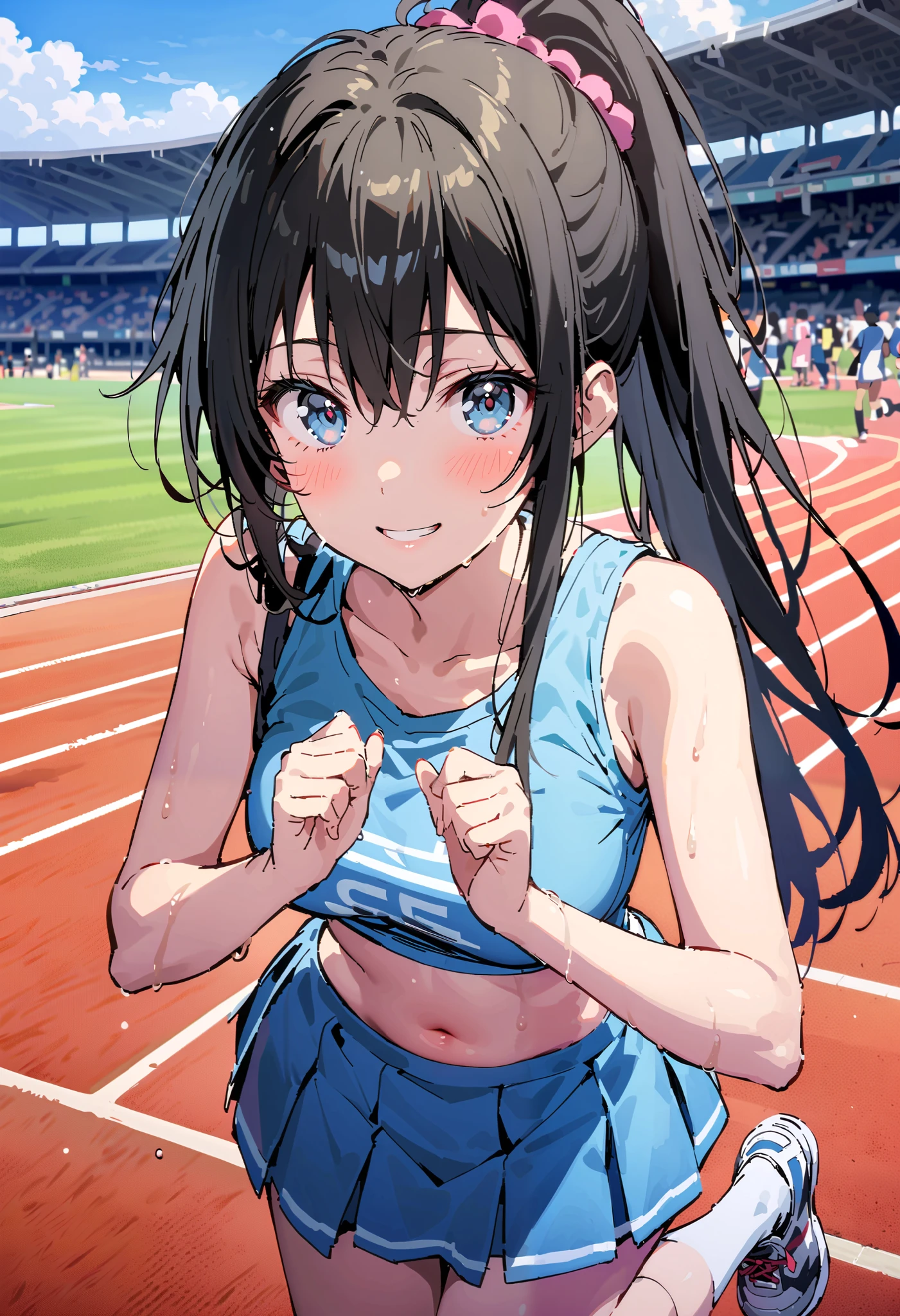 score_9, score_8_ up, score_7_ up, source_Anime,
Yukinoshita Yukino, Yukinoshita Yukino, black hair, blue eyes, long hair, stupid hair,smile,blush, mouths, ponytail, Lower, ( sweaty), sweaty Wet Clothes, sleeveless,(blue clothes ), blue mini pleated skirt,White socks, sneakers , belly button cheering , playground, ( jump), ( jump), 両足を曲げて jumpする, air, blue sky, Compa, smileチアリーダー,(Pompoms on both hands:1.3), cheerleading ,crowd,whole bodyがイラストに入るように,
break outdoors, stadium,
break looking at viewer, whole body,
break (masterpiece:1.2), best quality , kampala,unity 8k wallpaper,(shape:0.8),( fine, beautiful eyes :1.6),It's a person ,whole body写真,CG Details , (perfect hand, complete anatomy),