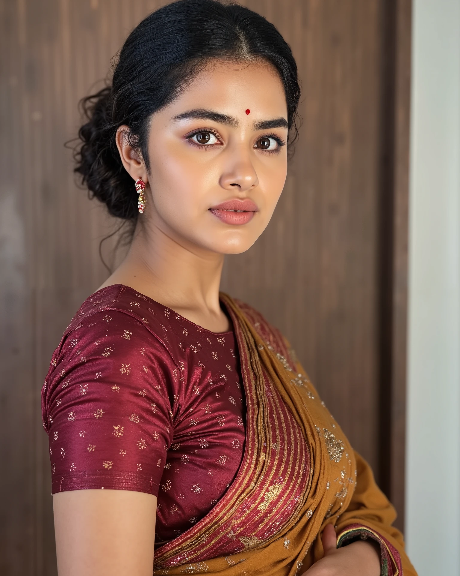Anupama, Huge Breasts, seductive pose, beauty lady, (hot), masutepiece, High quality, UHD 32K, Realistic face, Realistic skin feeling, 1 matured lady, FLAT CHEST, (Day time at Palace), look In front at the camera and sadness, DARK BROWN FLUORESCENT LIPS, brown hair, grey colour bright eyes, no make up, no eye makes, no lipsticks, Floral Pattern, wearing brown color house baratheon outfit in game of thrones , light room background ,game of thrones universe