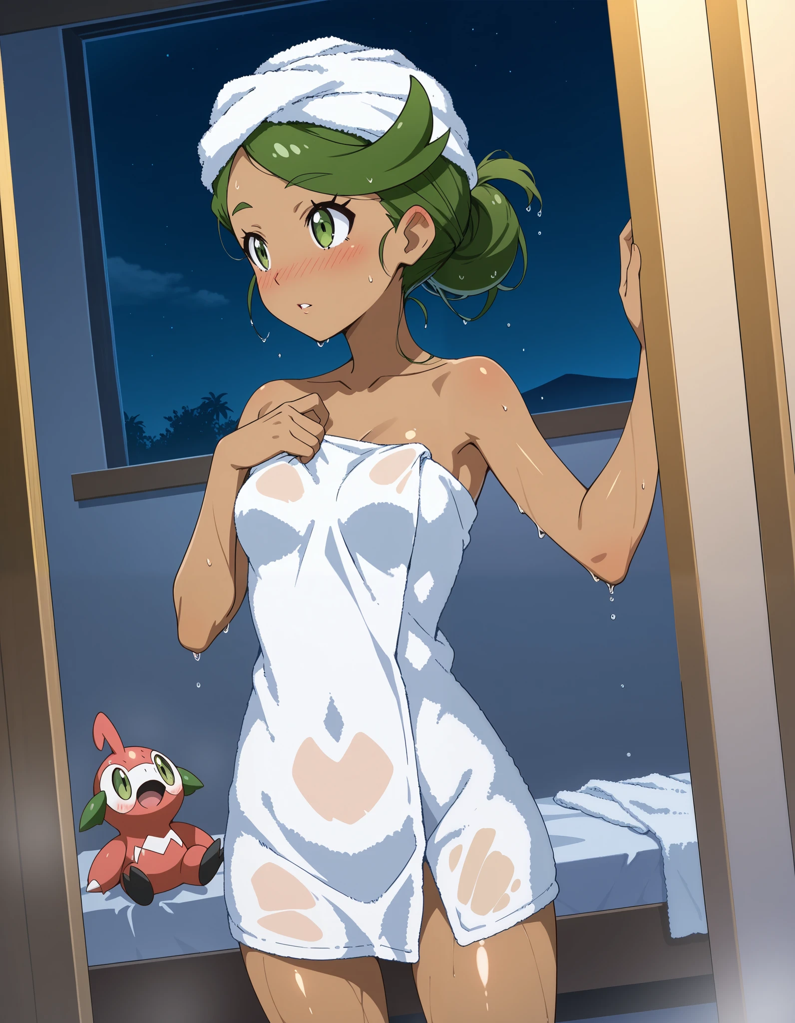 score_9, score_8_up, score_7_up, source_anime, mallow, 1girl, solo, head towel, wrapped towel own head, green eyes , green hair, dark skin, dark-skinned female, lovely small breasts, shiny skin, slicked-back hair, mallow (pokemon), parted lips, looking away, nose blush, blush, collarbone, after shower, naked towel, wet hair, wet skin, indoor, bedroom, night time, standing. Dutch angle.