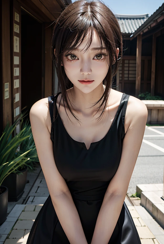 a girl who has short, beautiful shoulder-length hair and eyes that have the impression of a sharp gaze and has a cheeky and indifferent facial gesture、(body shot)