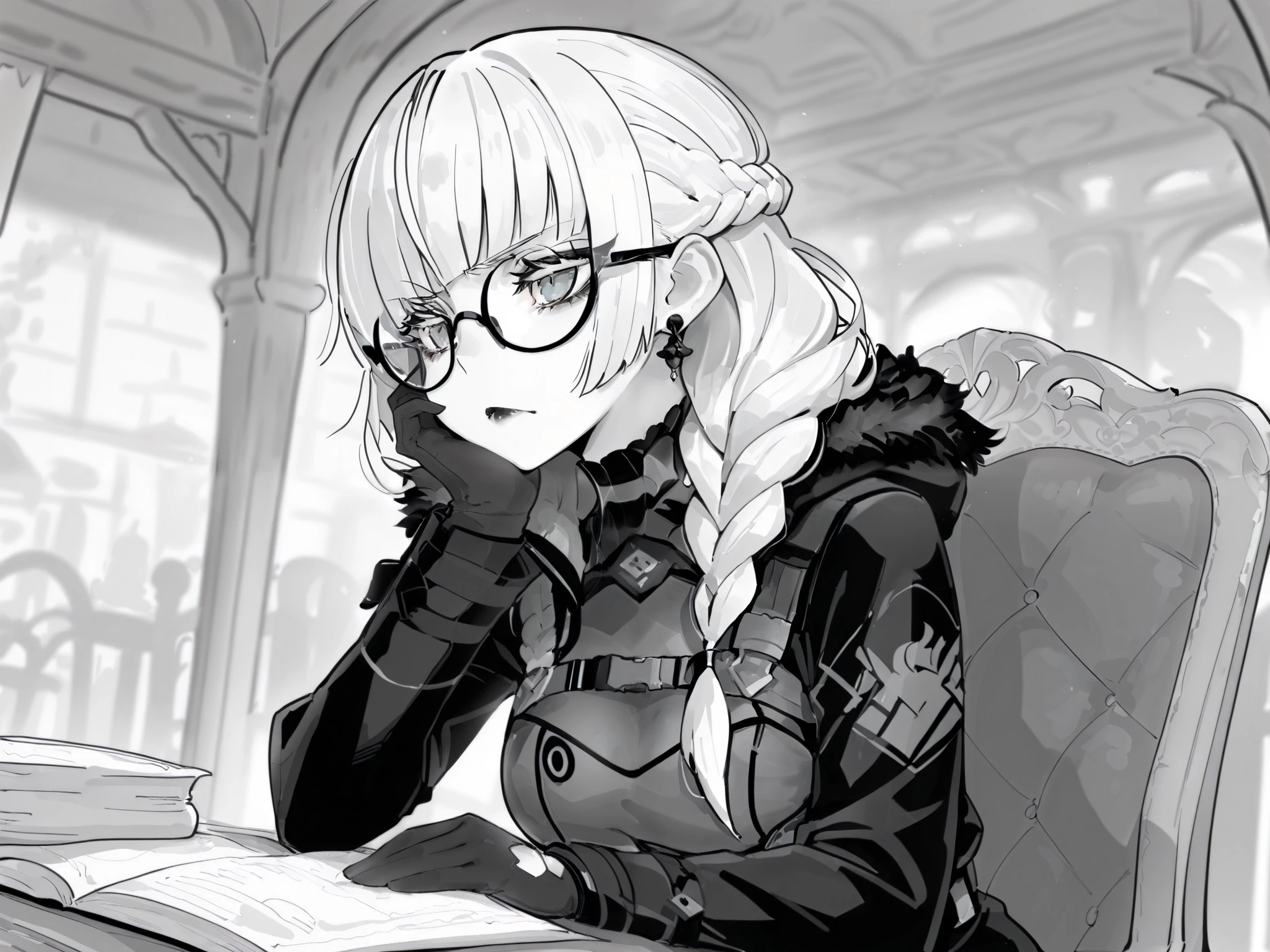 score_9, score_8_up, score_7_up, score_6_up, score_5_up, score_4_up,
BREAK
masterpiece: 1.0), best quality, perfect anatomy, perfect composition, perfection, 4k resolution, absurdres, very aesthetic, professional artwork, absolutely beautiful, 5 fingers
BREAK
1girl, round glasses, white hair, long eyelashes, long hair, braid over shoulder, blunt bangs, Cute, black lips, grey eyes, medium breasts, earrings, monochrome, lineart, line art, greyscale, bounce light, hyperdetailed
BREAK
mage outfit, sitting in chair, bored expression, hand on chin, tavern background, depth of field, center of focus,