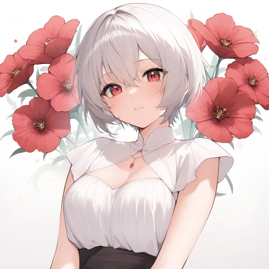 anime girl with white hair and red eyes in a field of flowers, white haired deity, white haired, girl with white hair, perfect white haired girl, white-haired, silver hair (ponytail), cushart krenz key art feminine, girl with short white hair, white haired lady, silver haired, render of april, shikamimi, from girls frontline