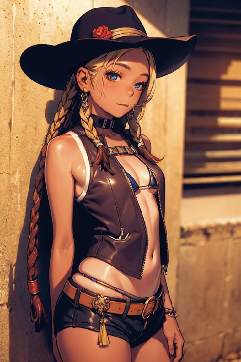 (((top-quality, masterpiece))), (( lot of details), (((depcit very young  surrounded by ropes))), (((elegant cowgirl))), sexy, blond hair, long hair, straight hair, (((bandage))), (((bound with ropes))), (((arms behind back))), cowboy hat, (wearing leather cowboy clothes), leather revolvers belt, open legs, spread legs, brown eyes, thin , ((small breasts)), ((topless)), nice hips, open shoulders, sassy, (Masterpiece, Excellent, complex details), delicate girl, delicate face, pretty, sunny desert, a western atmosphere,