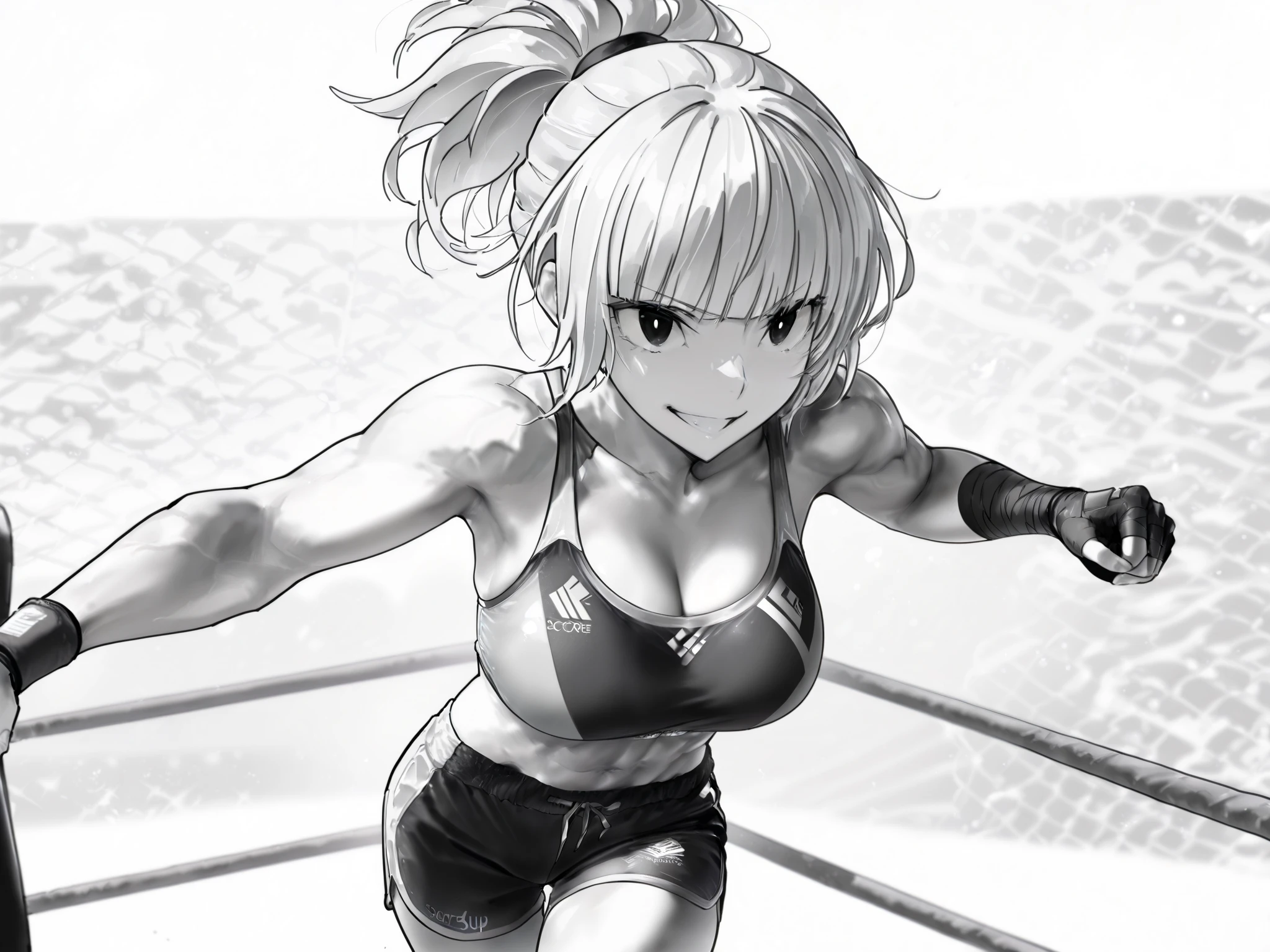 score_9, score_8_up, score_7_up, score_6_up, score_5_up, score_4_up,
BREAK
masterpiece: 1.0), best quality, perfect anatomy, perfect composition, perfection, 4k resolution, absurdres, very aesthetic, professional artwork, absolutely beautiful,
BREAK
1girl, fit, slim, athletic, light colored hair, blunt bangs, big breasts, defined abs, defined muscles, black eyes, big eyes, ponytail hairstyle, wide smile, lineart, line art, monochrome, greyscale, bounce light, hyperdetailed
BREAK
Sports bra, sports shorts, arm wraps, foreshortening, dynamic pose, depth of field, boxing ring background