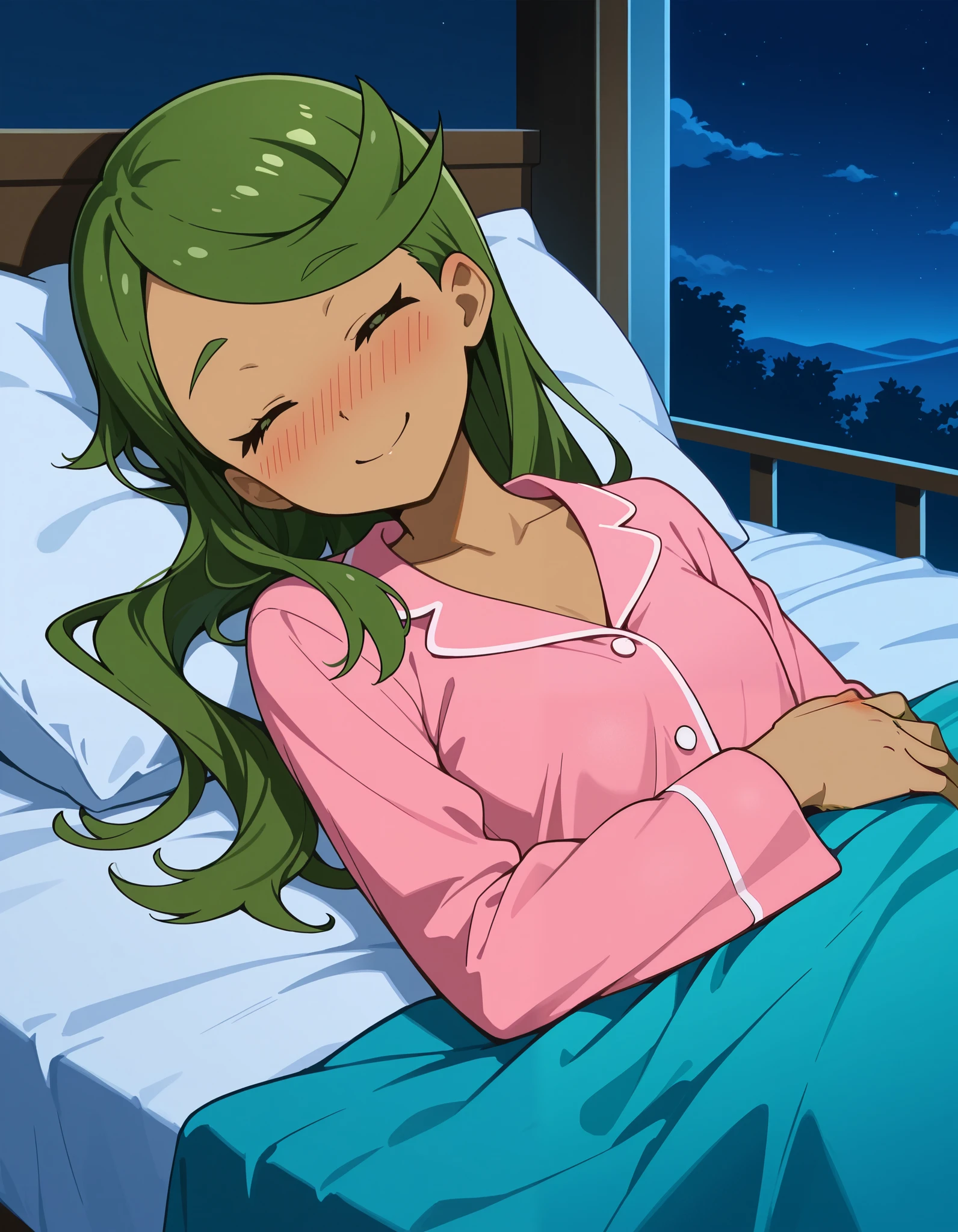score_9, score_8_up, score_7_up, source_anime, mallow, 1girl, solo, long hair, hair down, , closed eyes , green hair, dark skin, dark-skinned female, lovely small breasts, swept bangs, mallow (pokemon), smile, looking away, head tilt, nose blush, blush, collarbone, pink silk pajamas, indoor, bedroom, night time, lying on bed, blanket, in the blanket, sleeping
