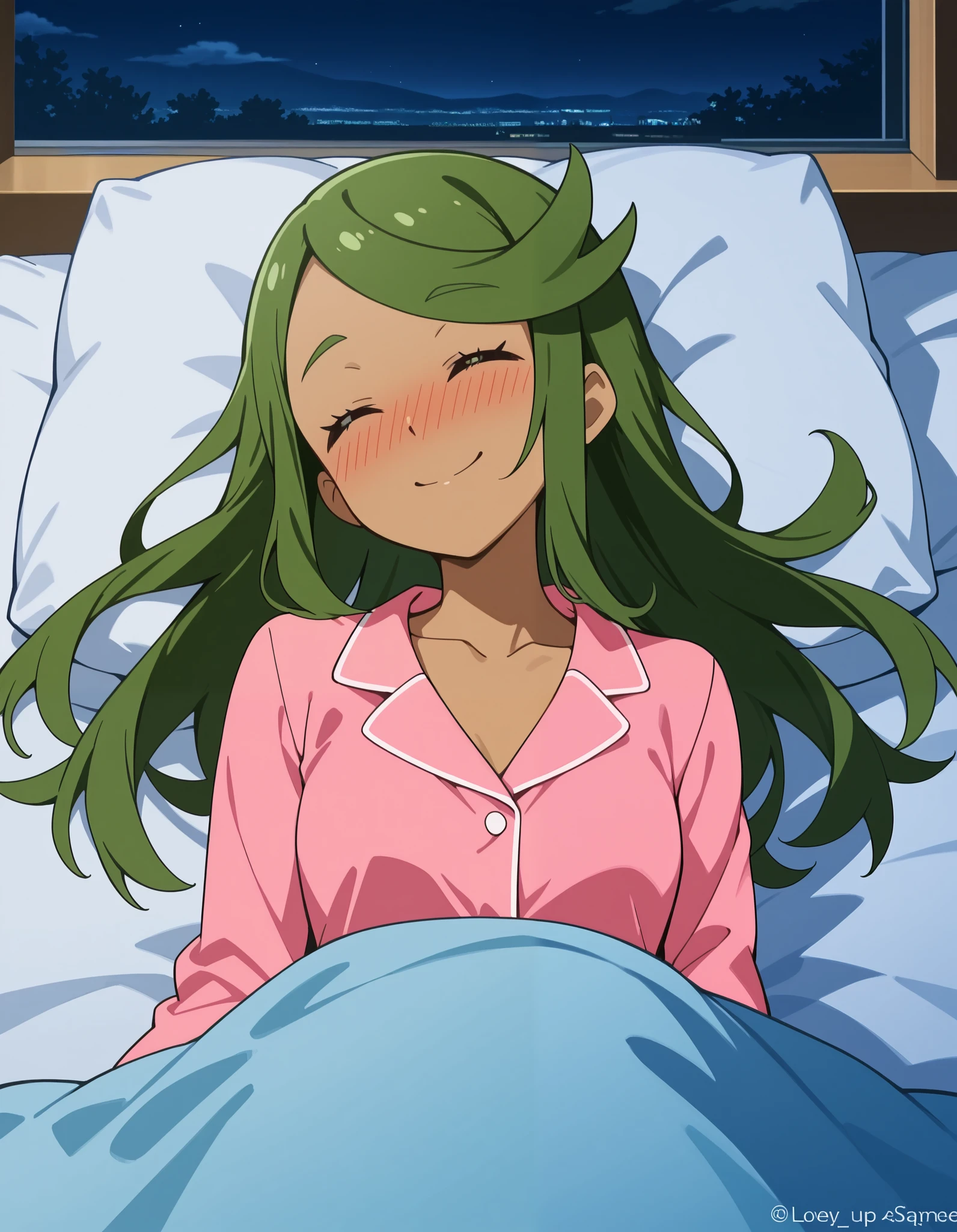 score_9, score_8_up, score_7_up, source_anime, mallow, 1girl, solo, long hair, hair down, , closed eyes , green hair, dark skin, dark-skinned female, lovely small breasts, swept bangs, mallow (pokemon), smile, looking away, head tilt, nose blush, blush, collarbone, pink silk pajamas, indoor, bedroom, night time, lying on bed, blanket, in the blanket, sleeping