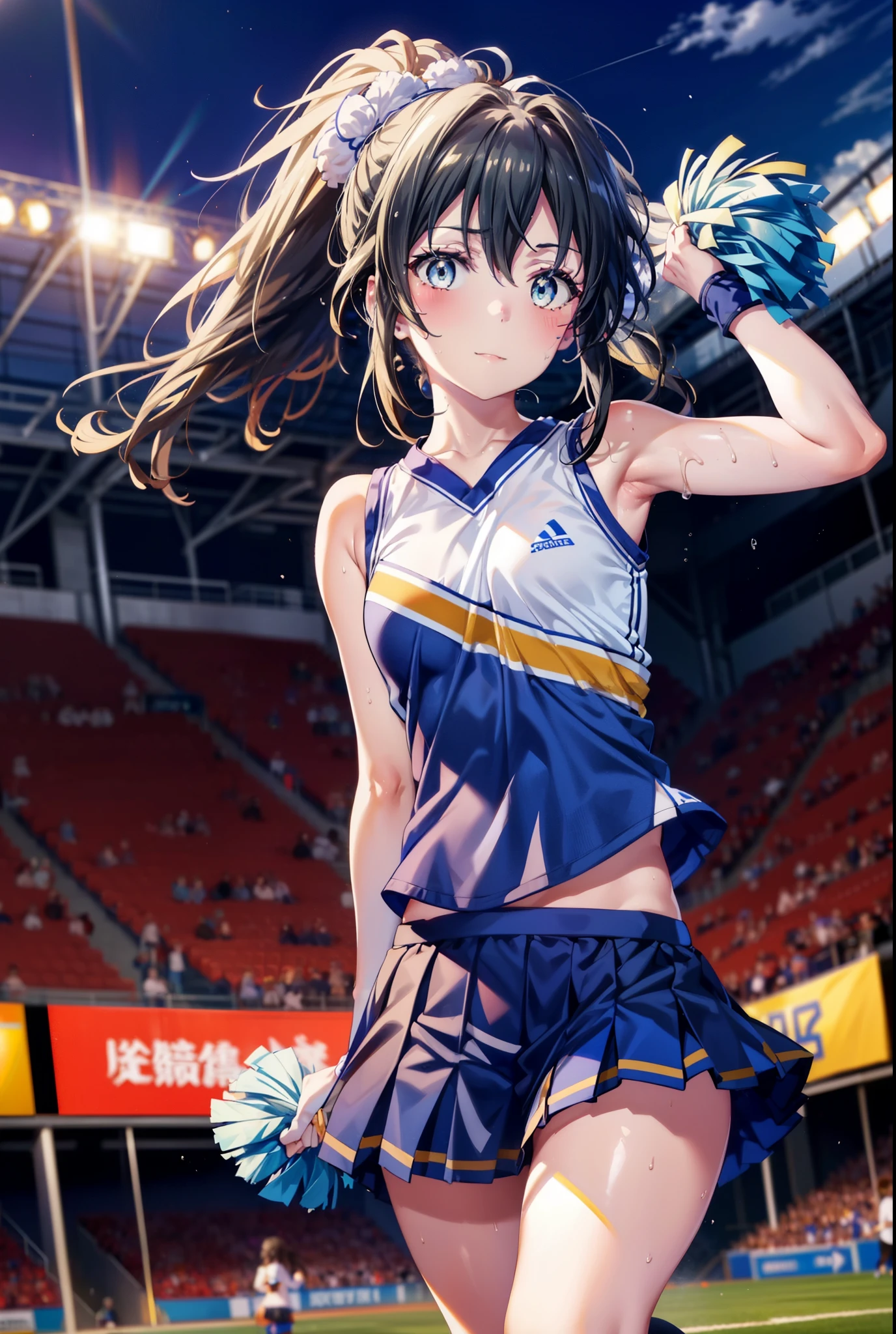 score_9, score_8_ up, score_7_ up, source_Anime,
Yukinoshita Yukino, Yukinoshita Yukino, black hair, blue eyes, long hair, stupid hair,smile,blush, mouths, ponytail, Lower, ( sweaty), sweaty Wet Clothes, sleeveless,(blue clothes ), blue mini pleated skirt,White socks, sneakers , belly button cheering , playground, ( jump), ( jump), 両足を曲げて jumpする, air, blue sky, Compa, smileチアリーダー,(Pompoms on both hands:1.3), cheerleading ,crowd,whole bodyがイラストに入るように,
break outdoors, stadium,
break looking at viewer, whole body,
break (masterpiece:1.2), best quality , kampala,unity 8k wallpaper,(shape:0.8),( fine, beautiful eyes :1.6),It's a person ,whole body写真,CG Details , (perfect hand, complete anatomy),