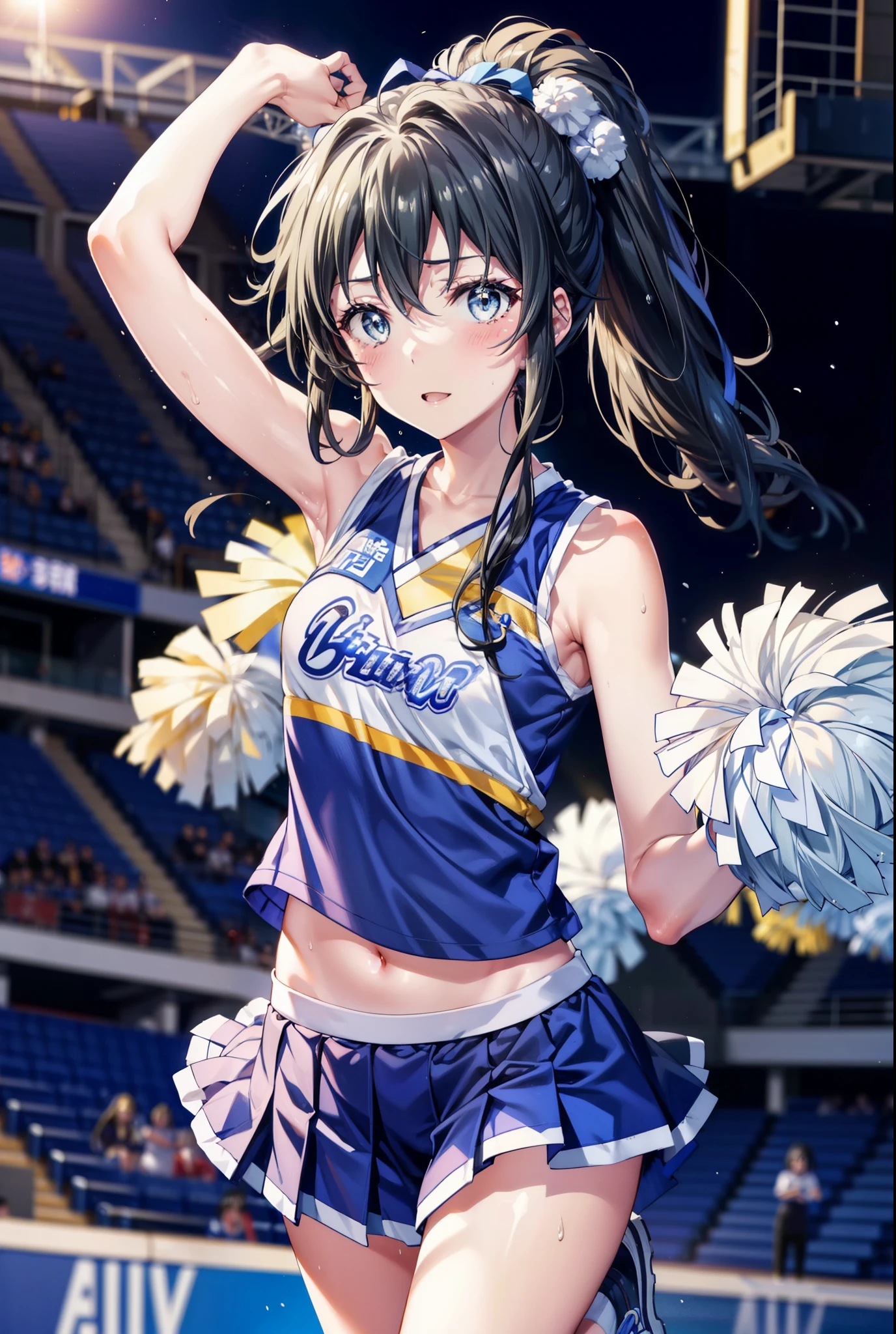 Yukinoshita Yukino, Yukinoshita Yukino, black hair, blue eyes, long hair, stupid hair,smile,blush, mouths, ponytail, Lower, ( sweaty), sweaty Wet Clothes, sleeveless,(blue clothes ), blue mini pleated skirt,White socks, sneakers , belly button cheering , playground, ( jump), ( jump), 両足を曲げて jumpする, air, blue sky, Compa, smileチアリーダー,(Pompoms on both hands:1.3), cheerleading ,crowd,whole bodyがイラストに入るように,
break outdoors, stadium,
break looking at viewer, whole body,
break (masterpiece:1.2), best quality , kampala,unity 8k wallpaper,(shape:0.8),( fine, beautiful eyes :1.6),It's a person ,whole body写真,CG Details , (perfect hand, complete anatomy),