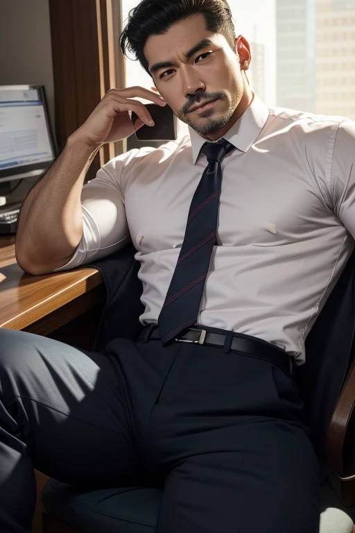 <lora:Untied_Tie:0.8>, photo of a man, (2nt13:1.2), necktie, open dress shirt, dress pants, muscular, stubble, mature, cinematic lighting, sitting in a chair, at the office
