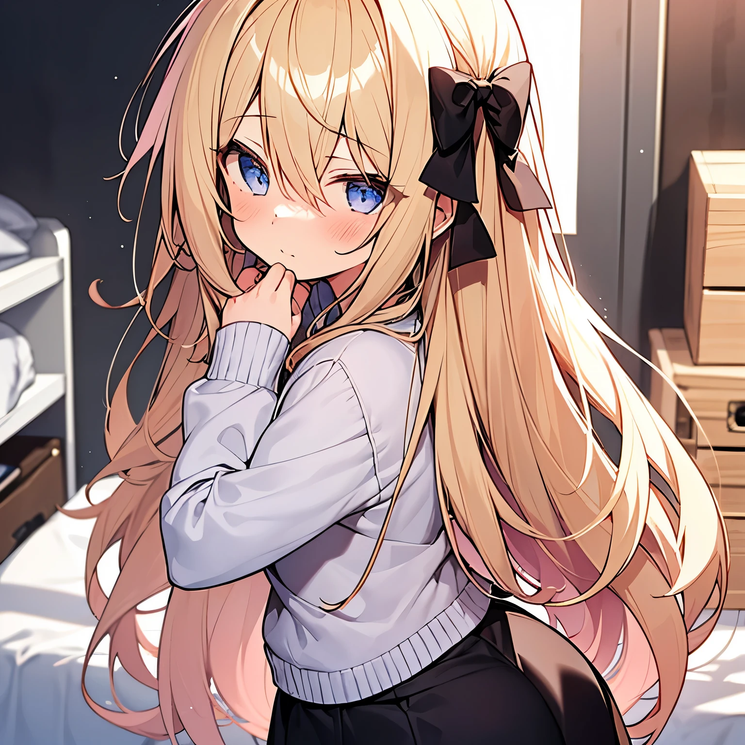 ******_****,cute_**li_, Blonde hair, long curly hair, hair over one eye, yellow eyes, long hair, dark skin, ahoge, thigh, cute, sexy, 