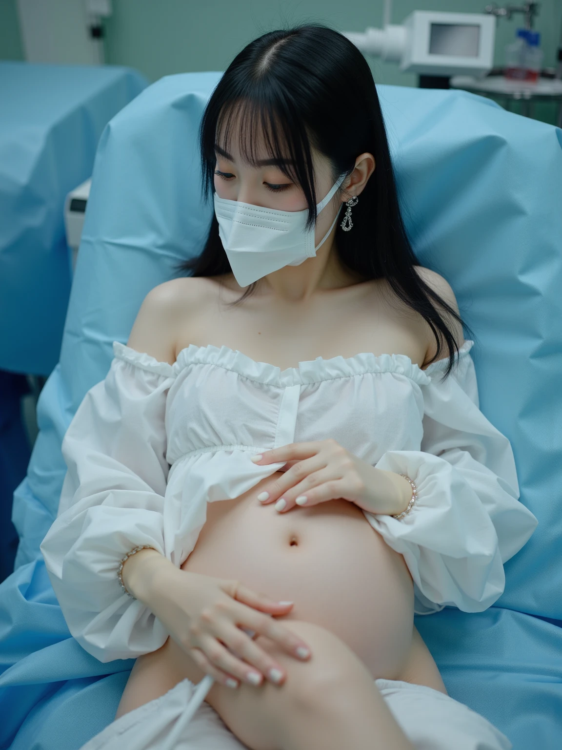 pregnant ,masterpiece, best quality, highres, (nude:1.2), 1girl, solo, (operating room:1.2), lie on back on (\"operating bed\":1.3),closed eyes,
(view from above:1.3), open legs, spread legs,
mouth respirator mask ,